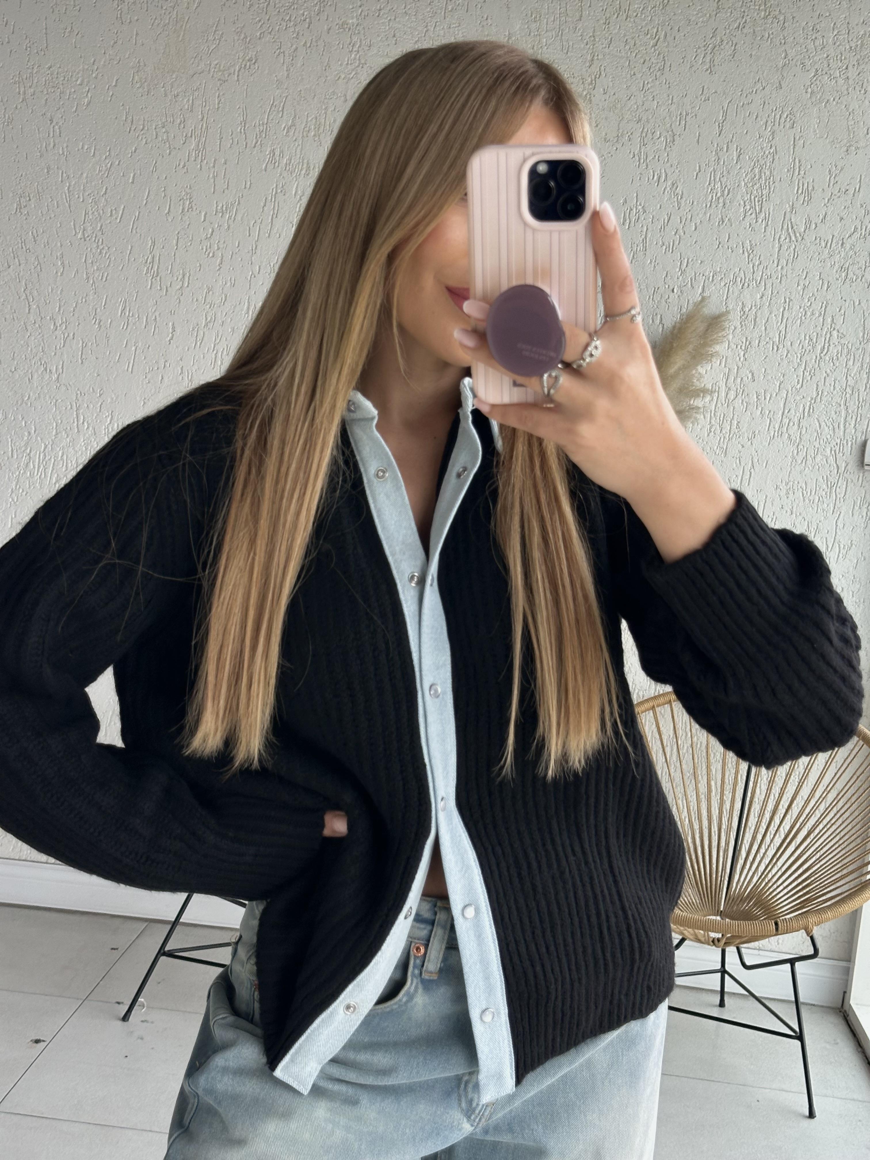 Siyah Jean Detaylı Hırka