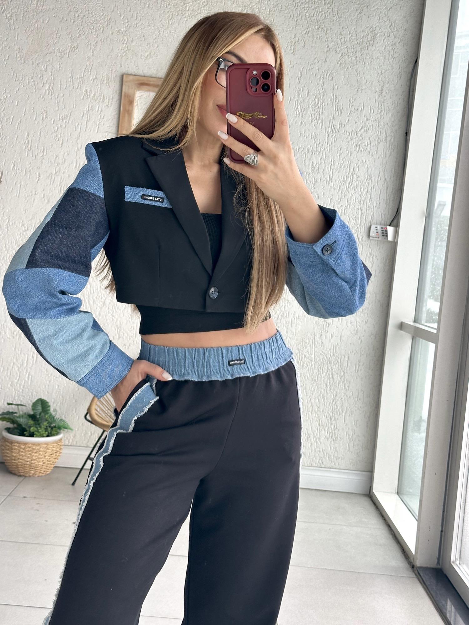 Siyah Jean Detaylı Premium Ceket