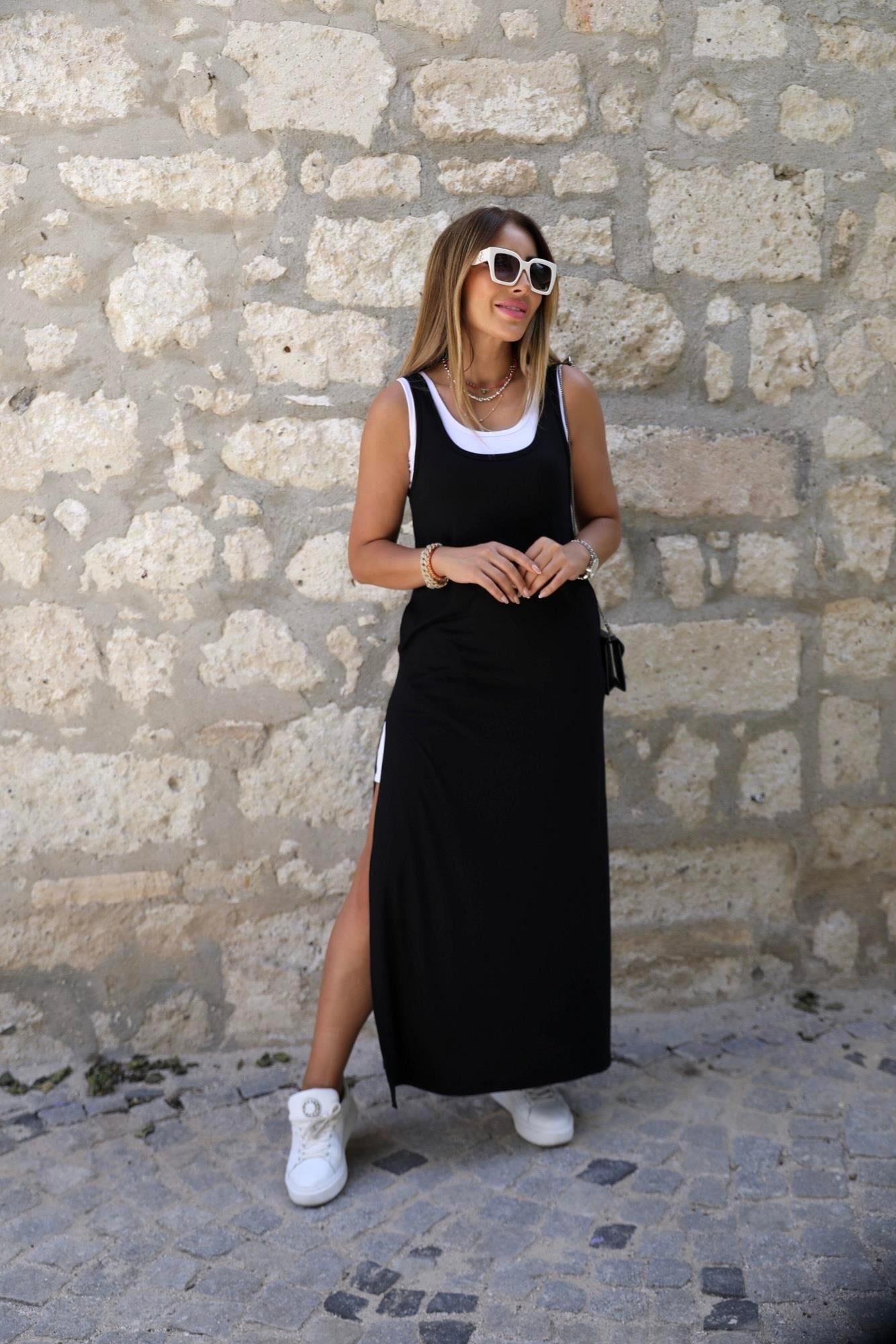 Siyah Kalın Askılı İkili Elbise