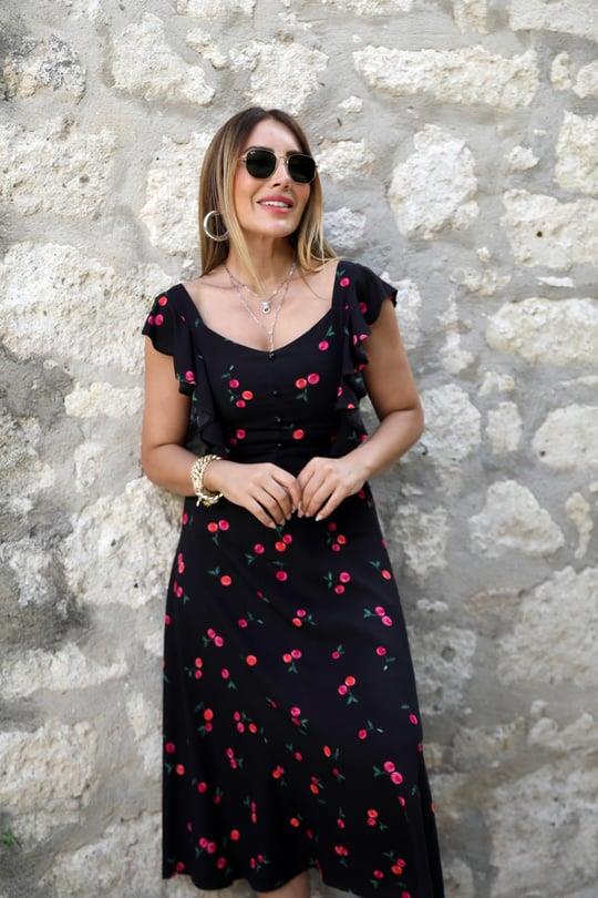 Siyah Kiraz Desenli Elbise 