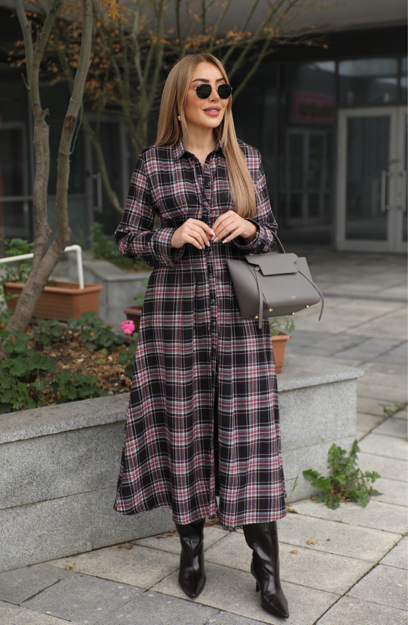 Siyah Kırmızı Ekoseli Pileli Gömlek Elbise