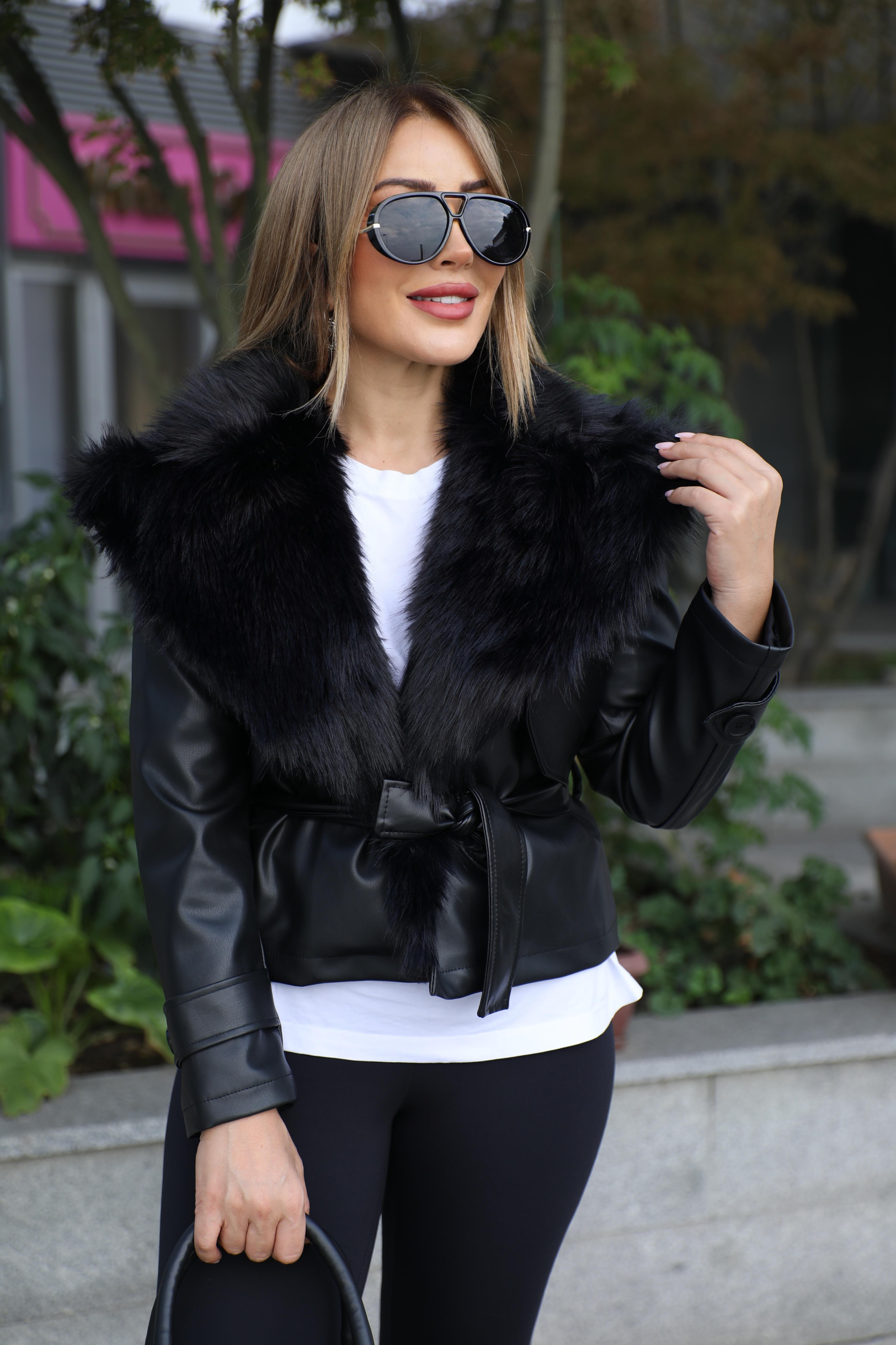 Siyah Kürklü Deri Mont
