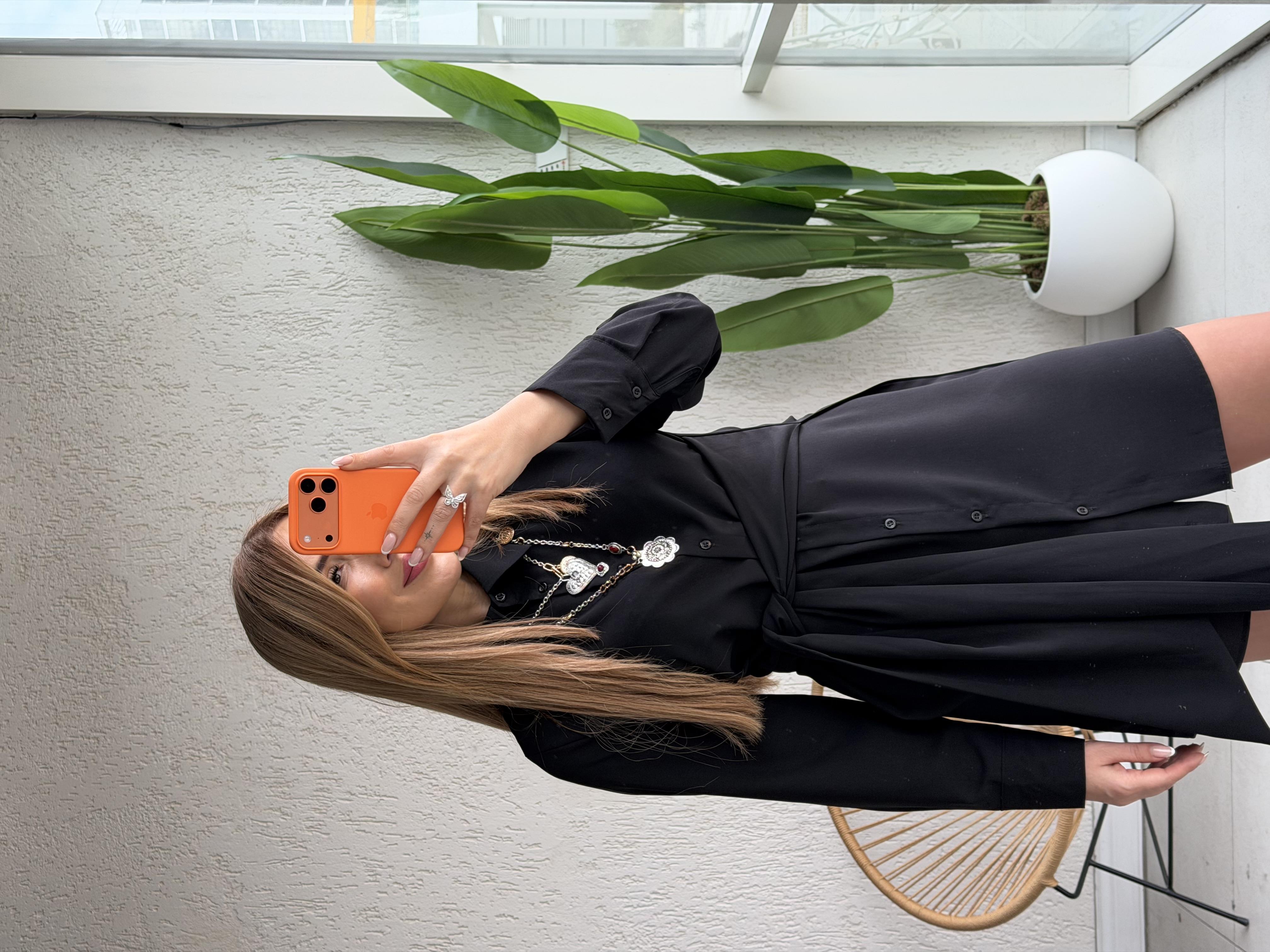 Siyah Kuşaklı Gömlek Elbise 