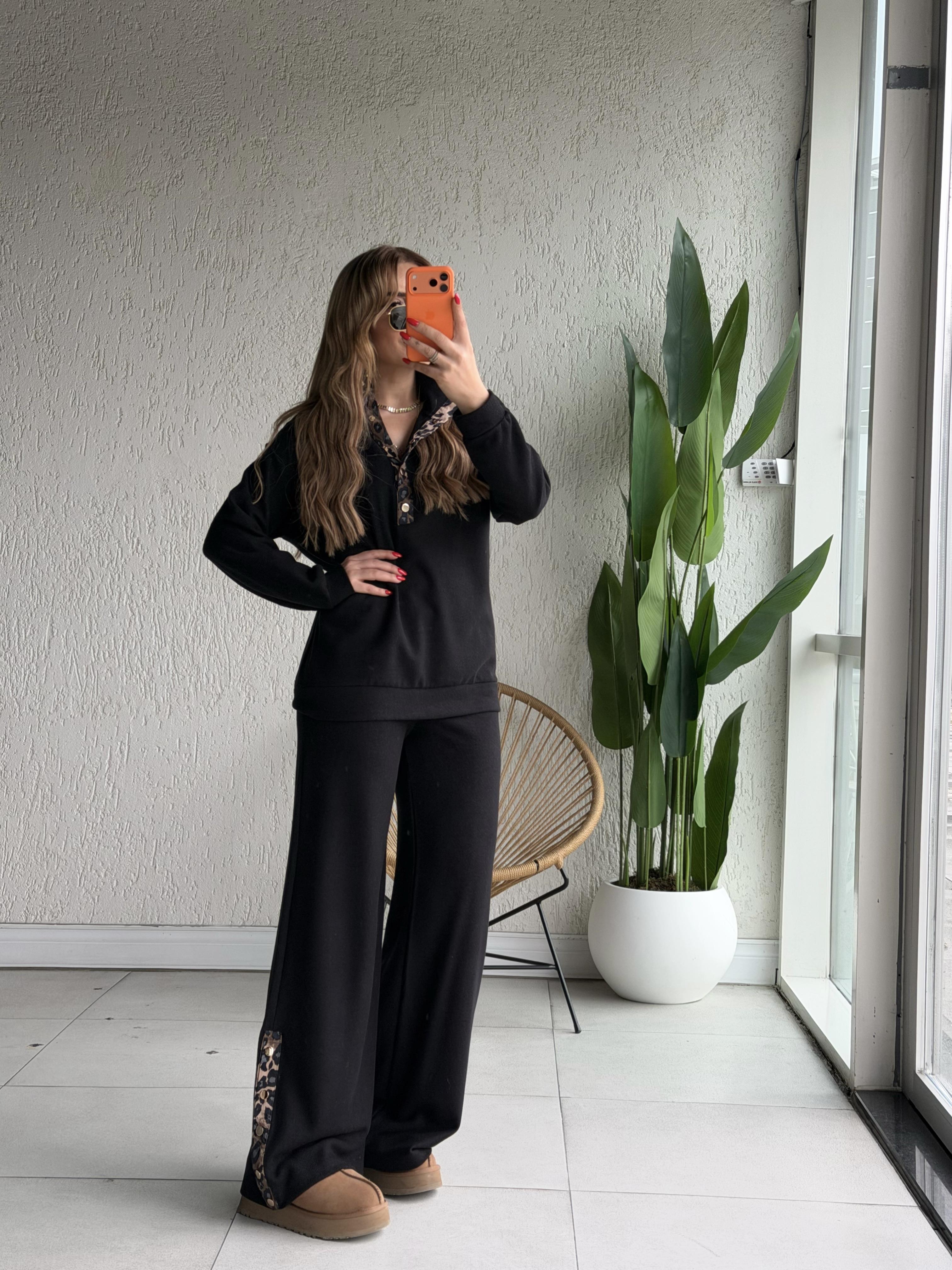 Siyah Leopar Detaylı Çıtçıtlı Takım 