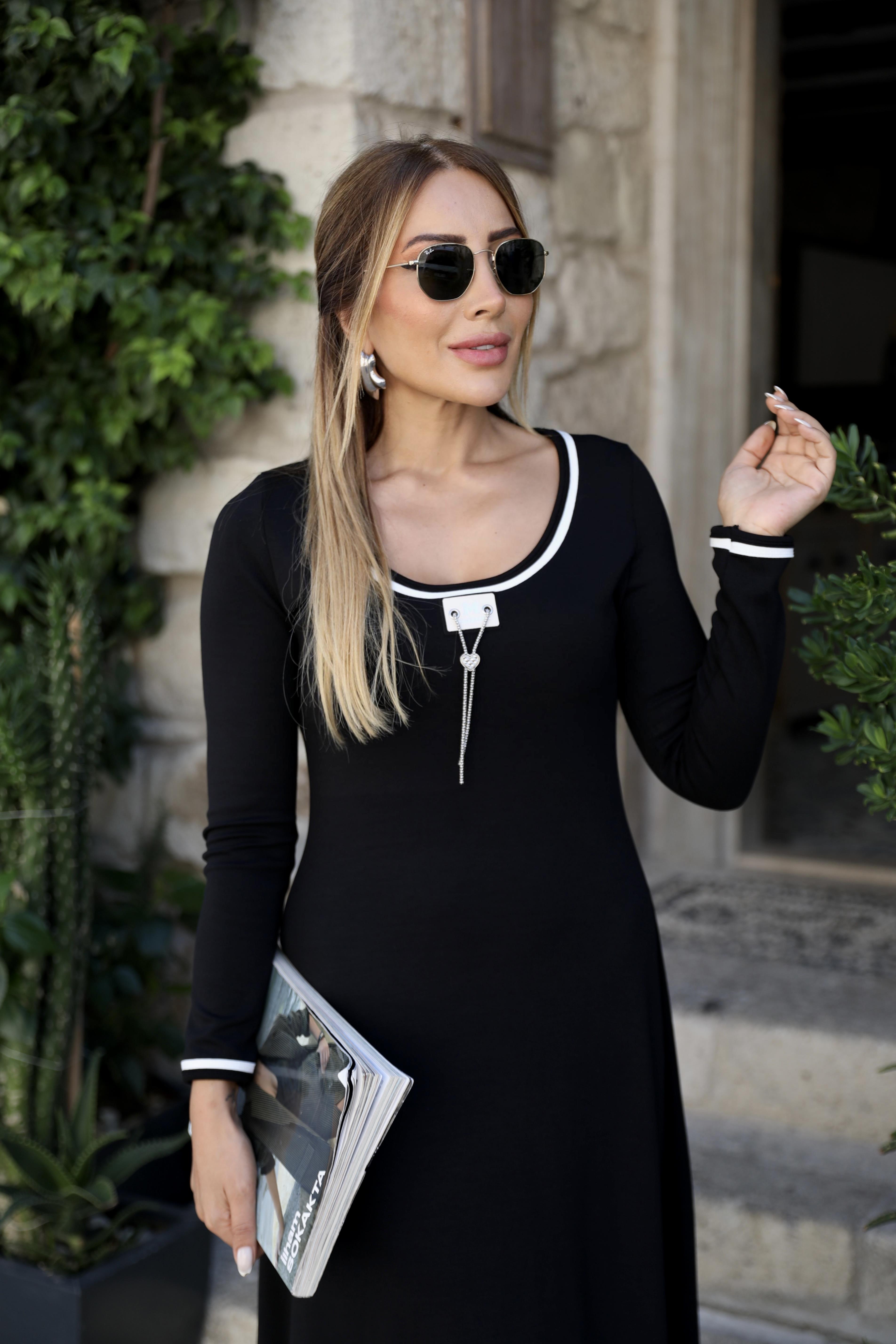 Siyah M Armalı Uzun Kollu  Elbise 