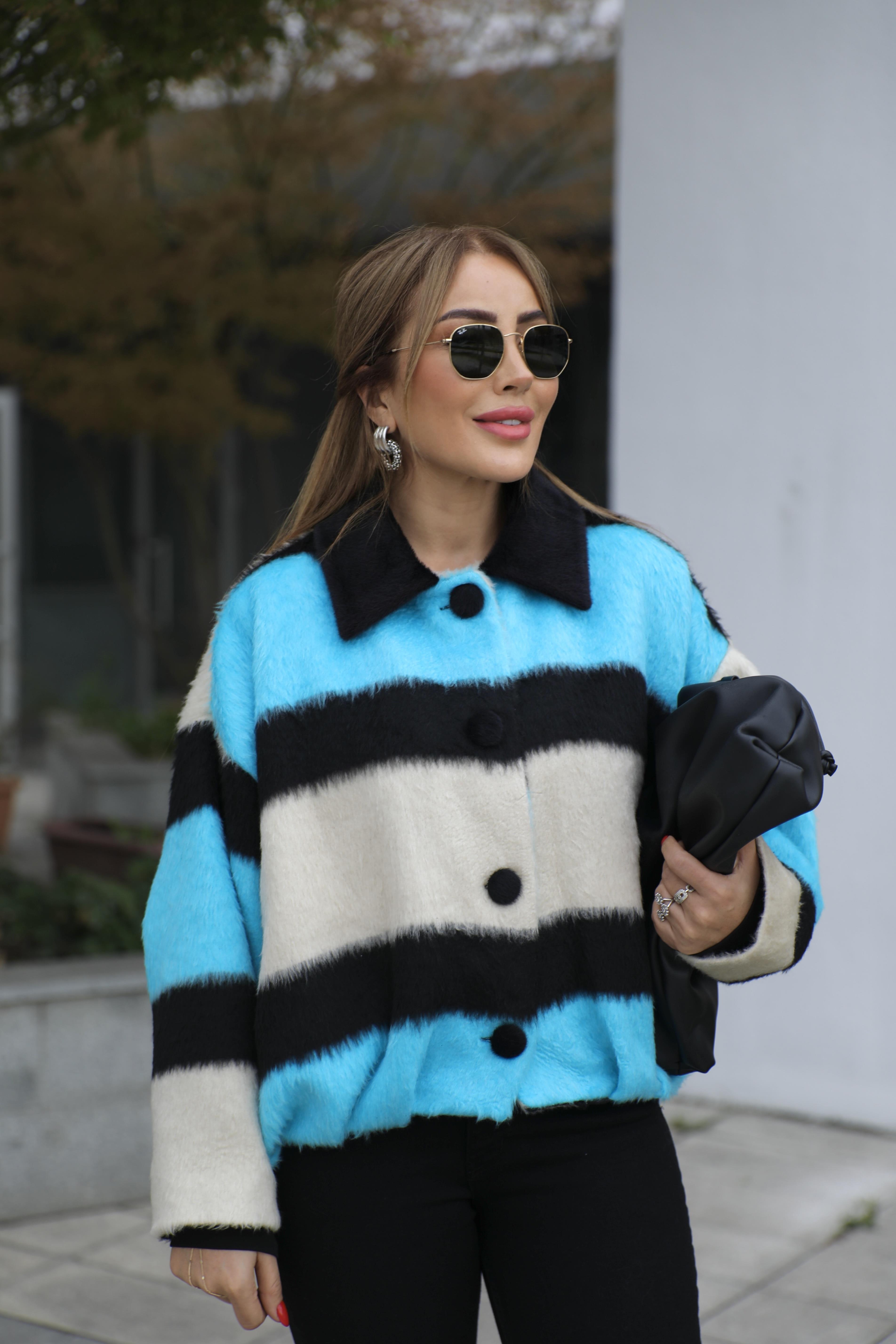 Siyah Mavi Çizgili Kürk Kaban