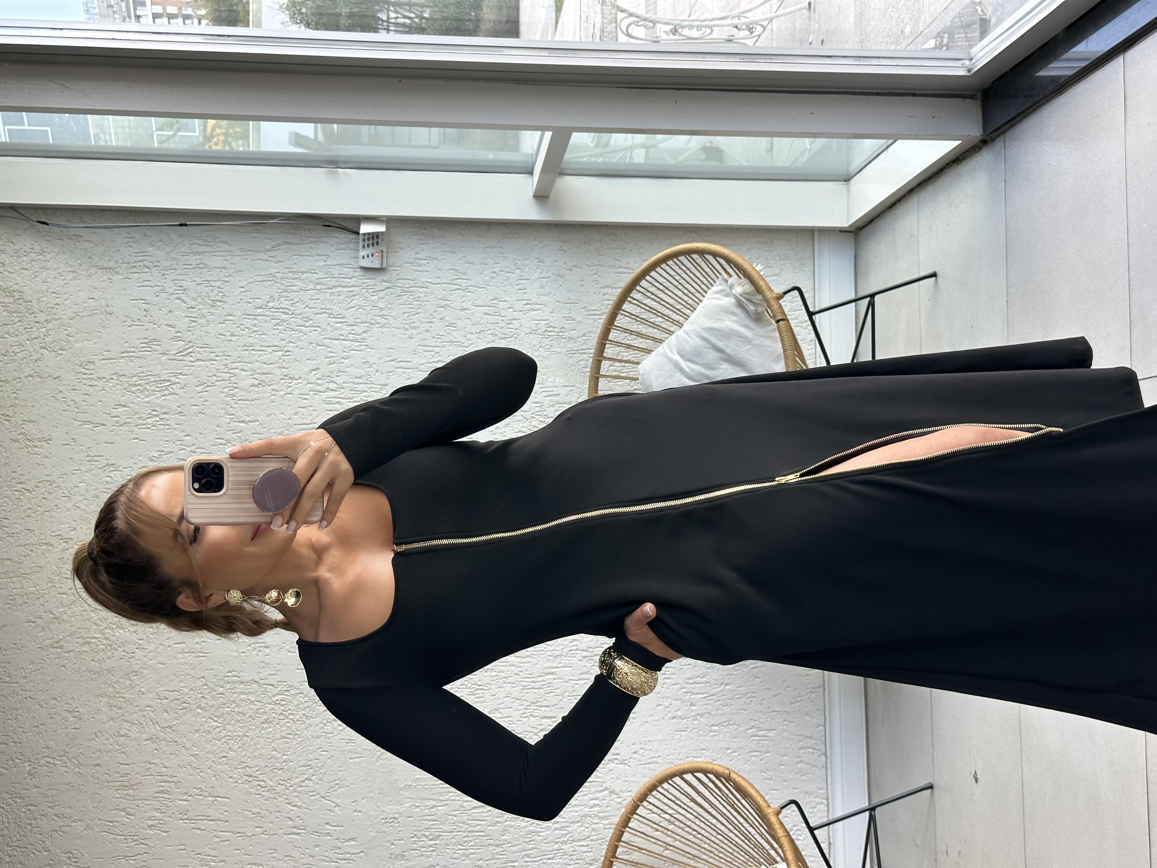 Siyah Ottoman Fermuarlı Elbise