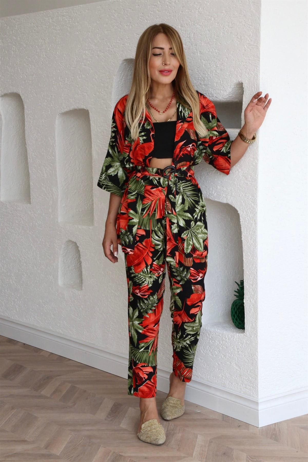 Siyah Palmiye Desenli Kimono
