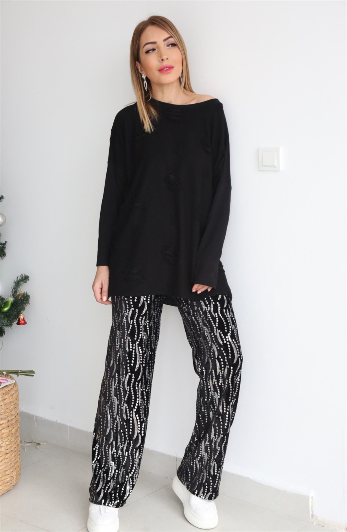 Siyah Payetli Pantolon