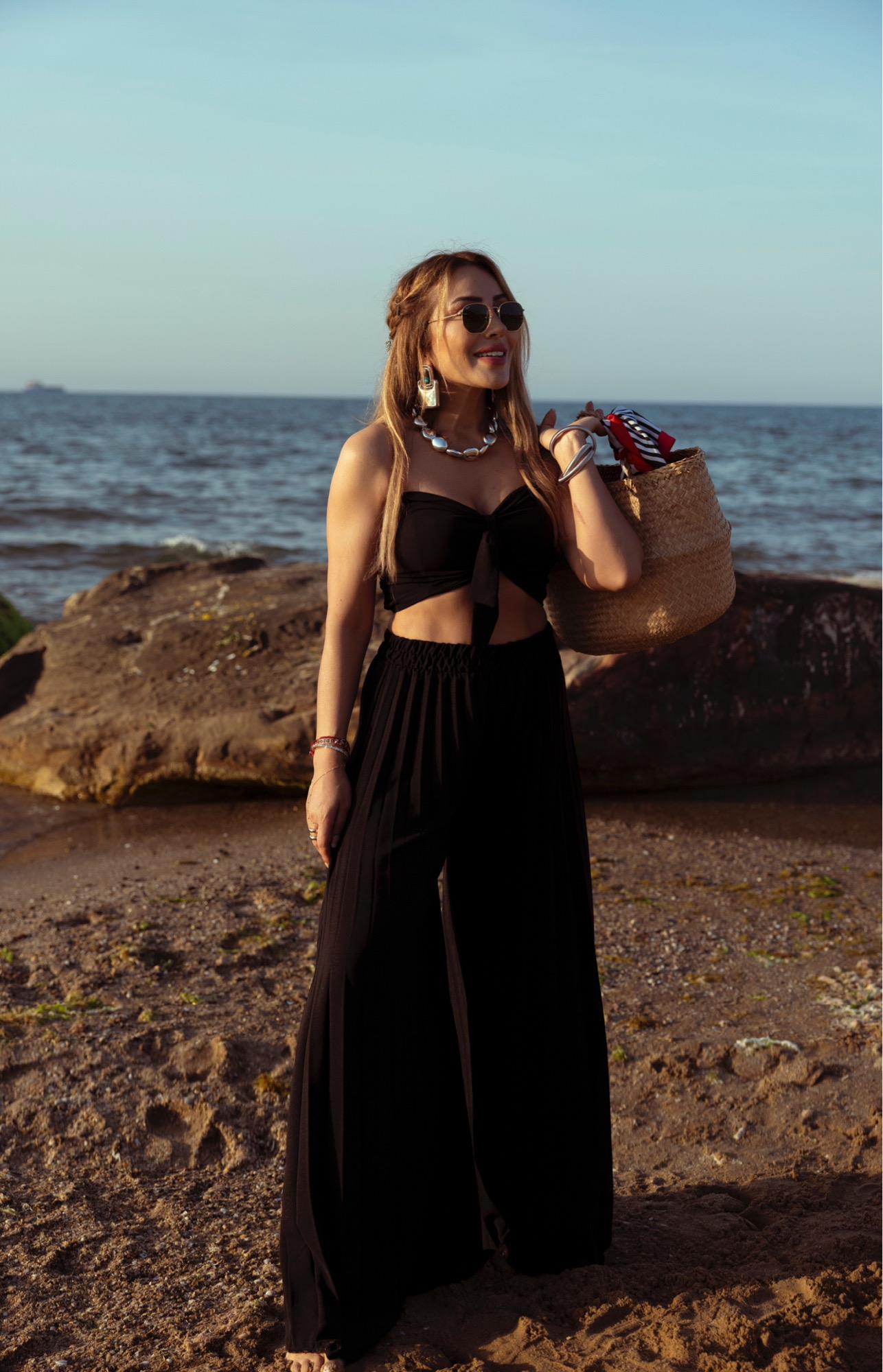 Siyah Pile Pantolon Crop Takım