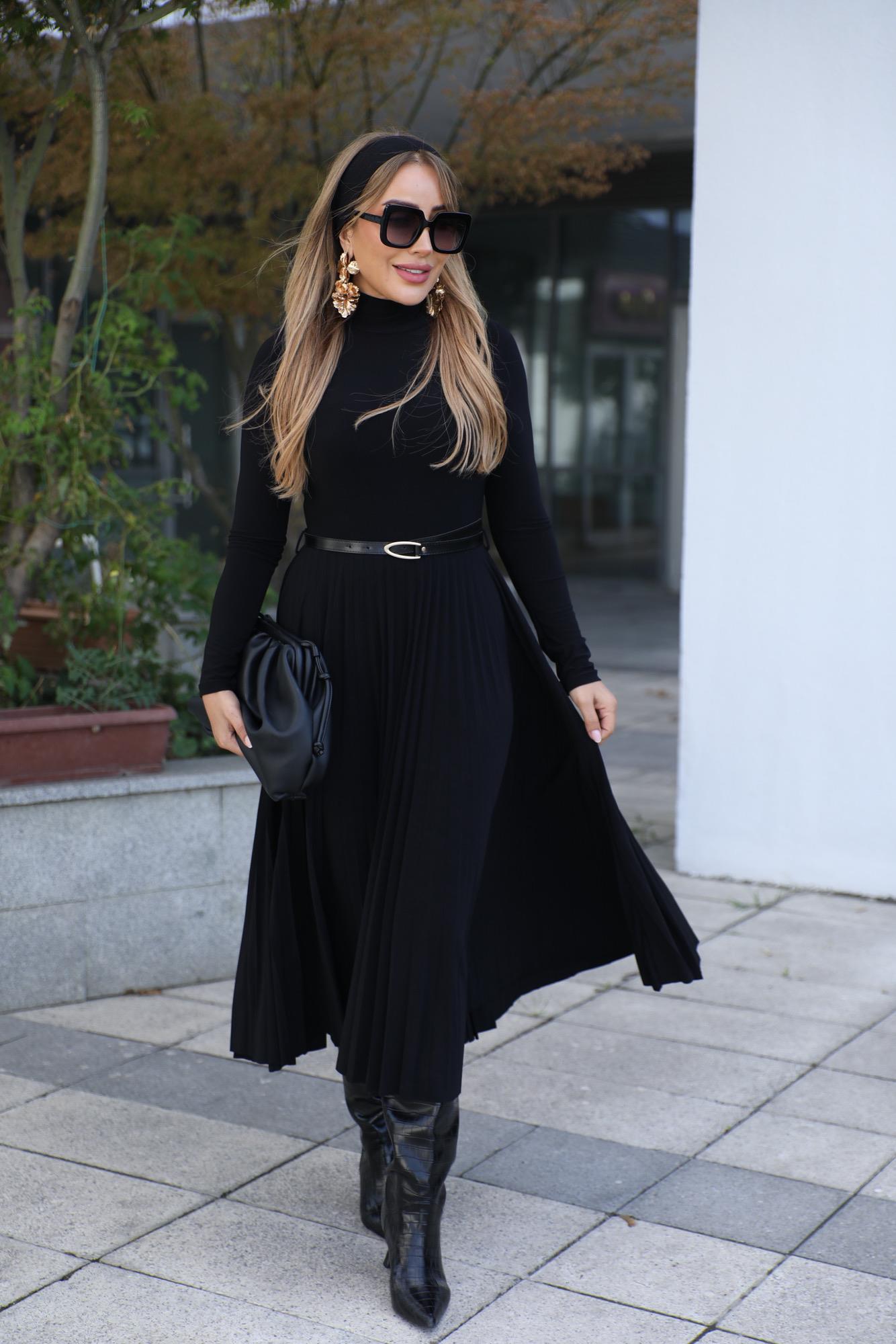 Siyah Piliseli Kemerli Balıkçı Elbise