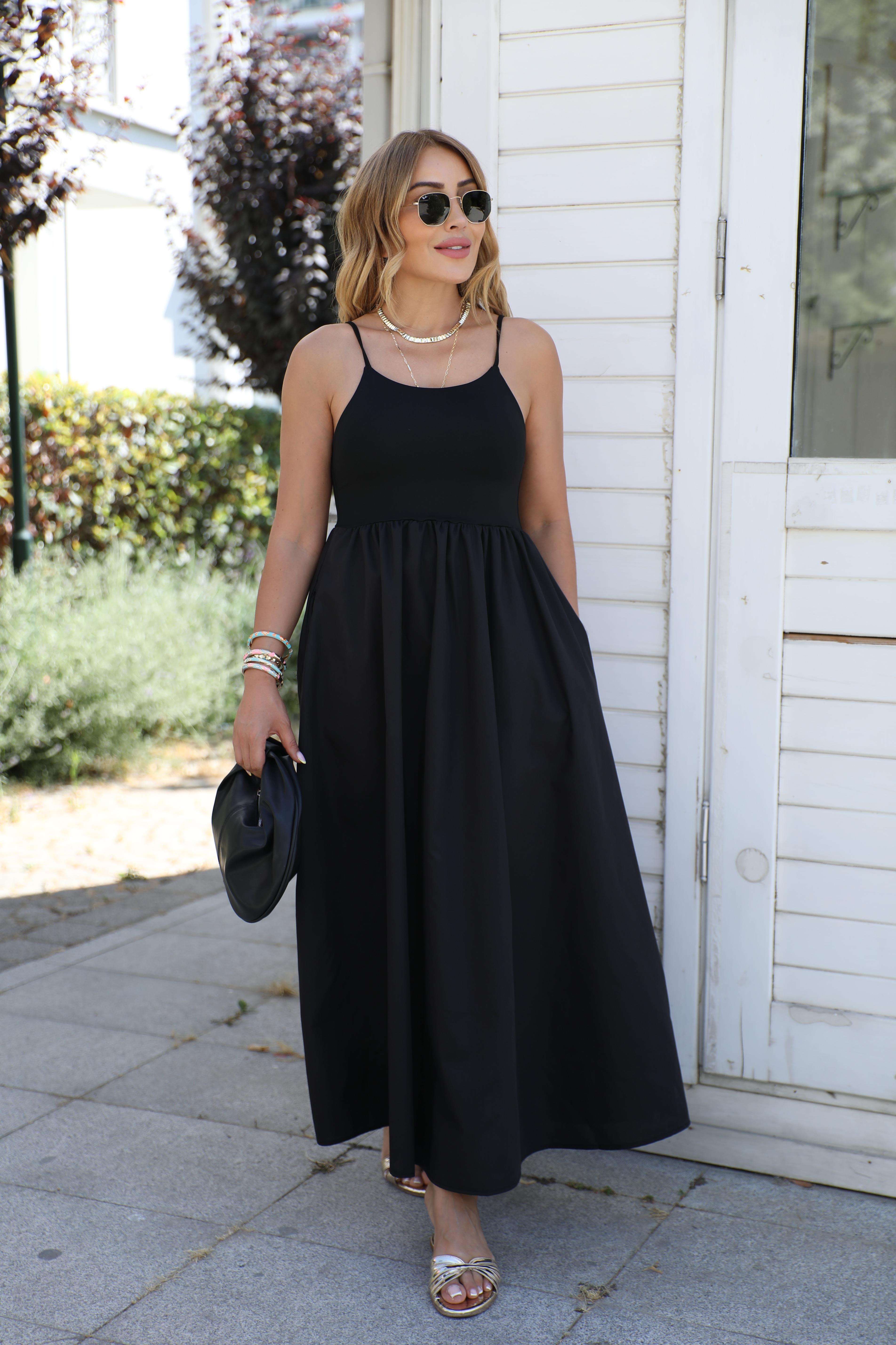 Siyah Poplin Cepli Maxi Elbise
