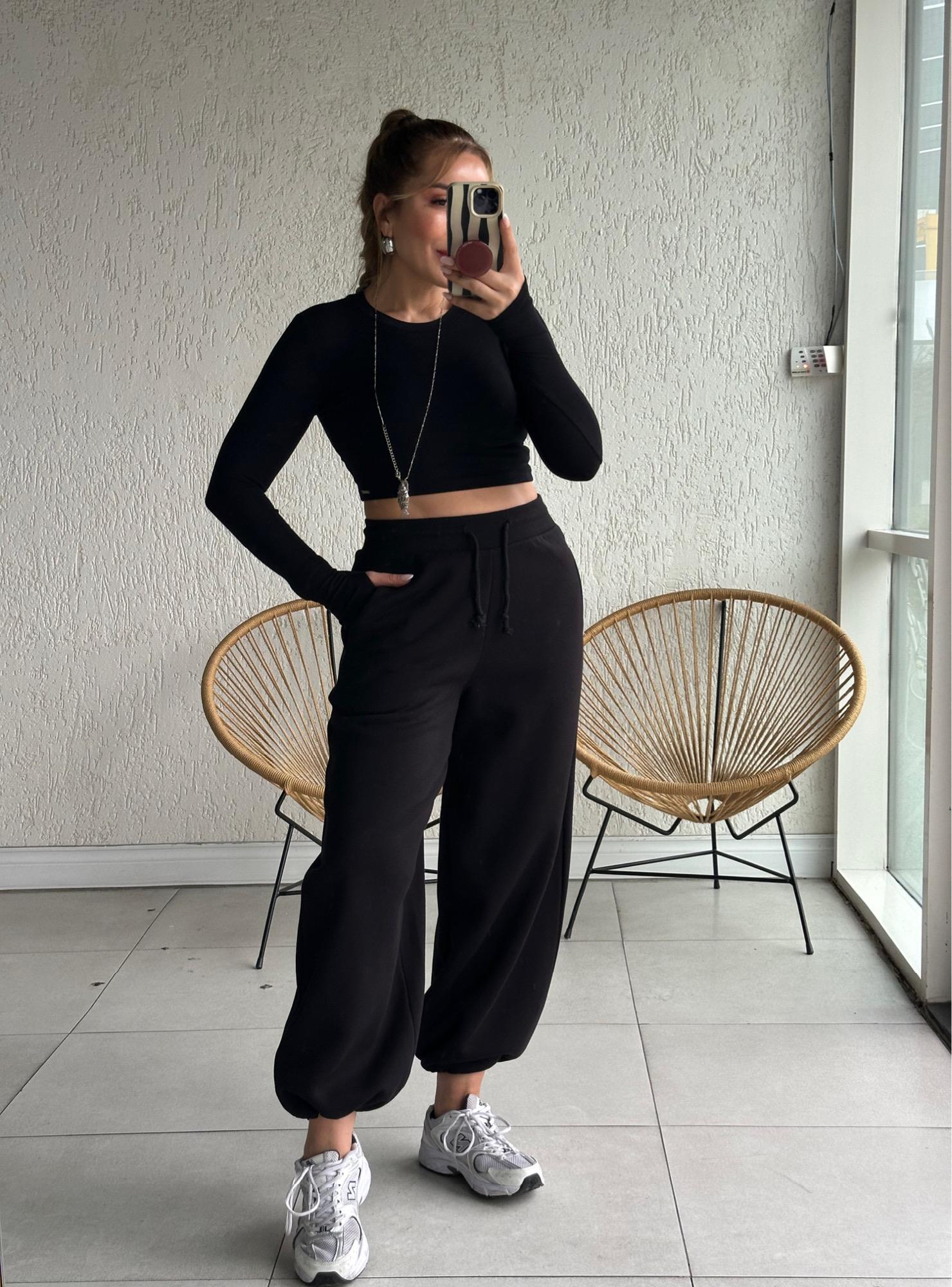 Siyah Salaş Paça Detay Eşofman 