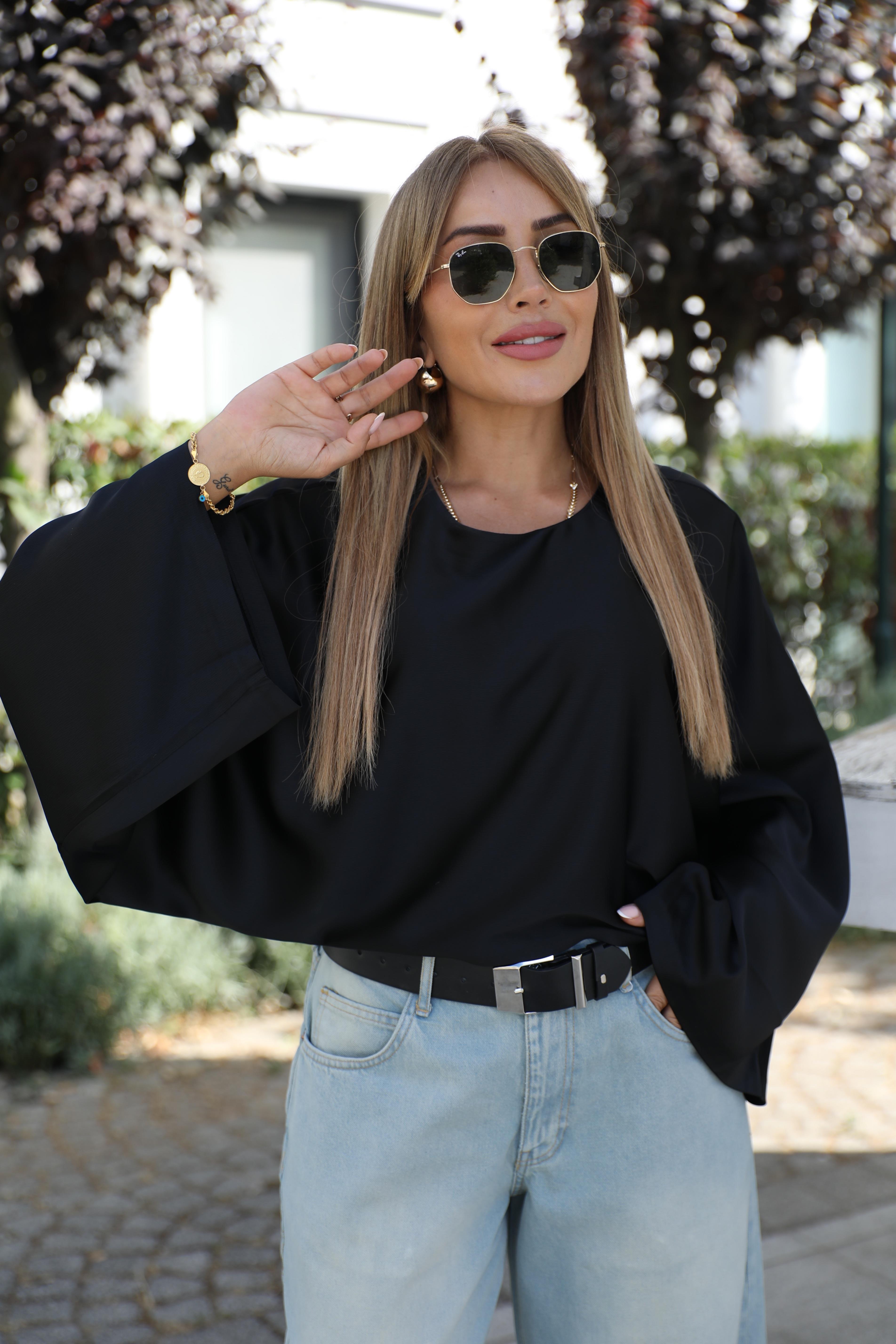 Siyah Saten Geniş Kol Bluz