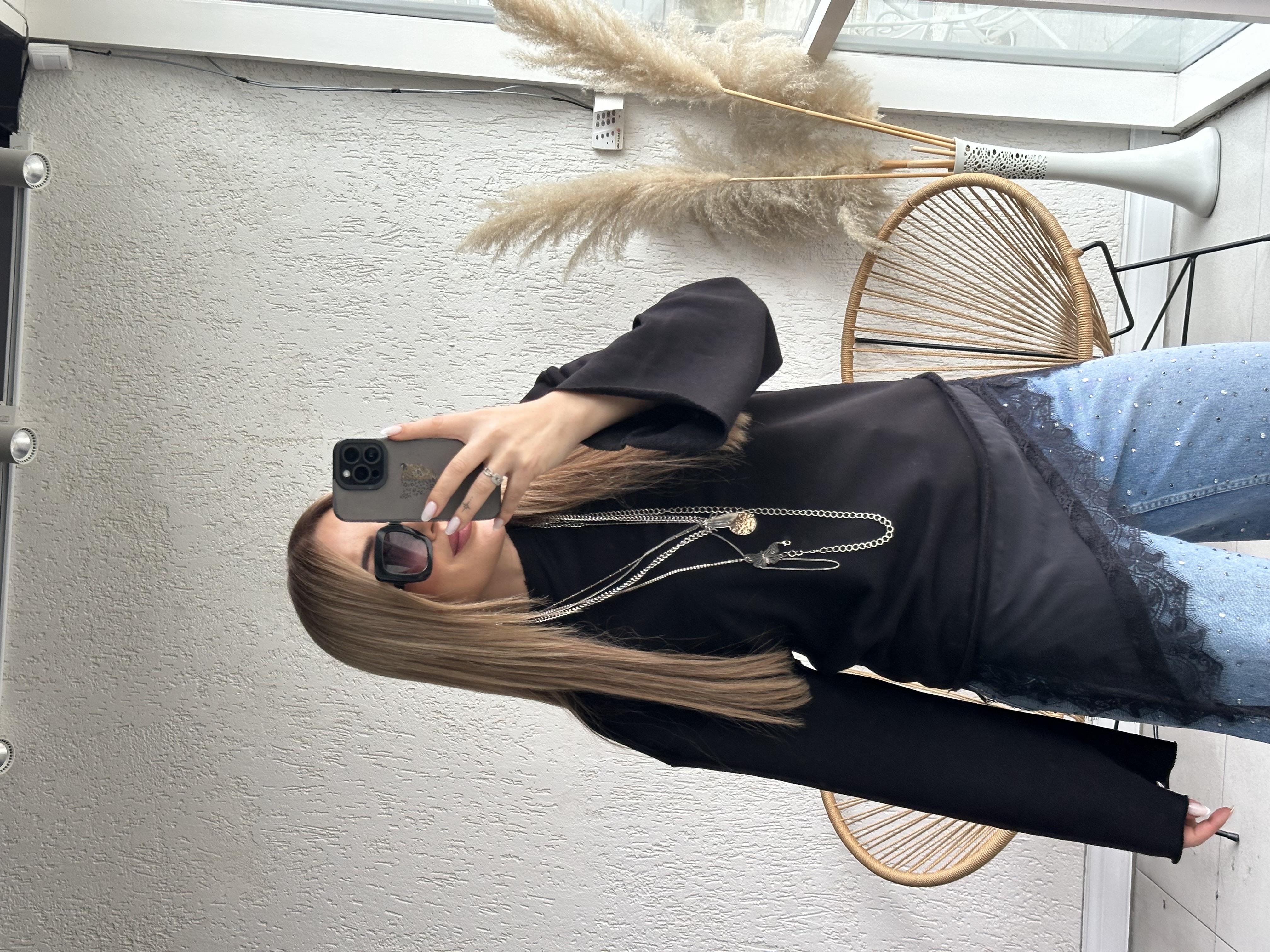 Siyah Saten Güpür Detaylı Sweat