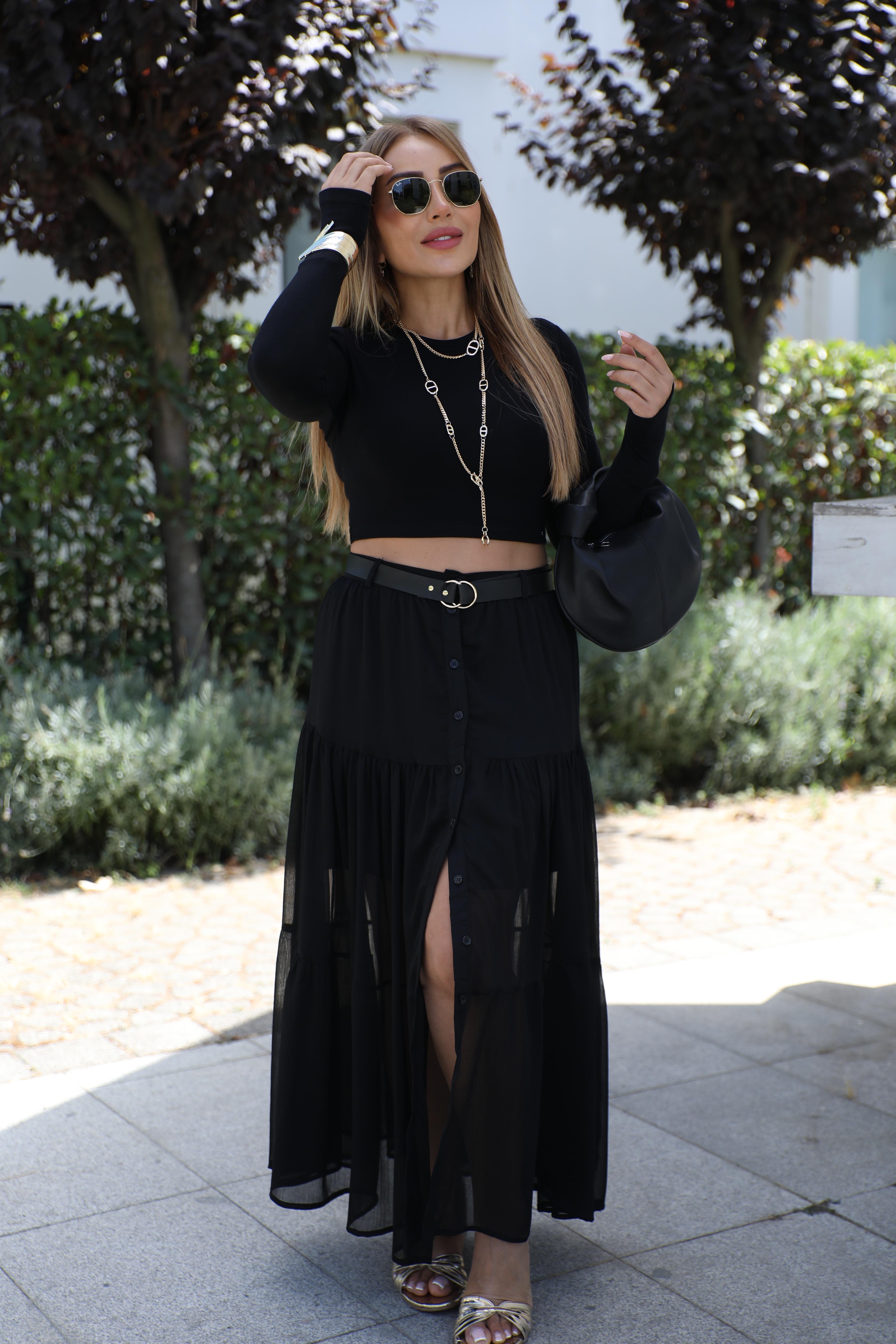 Siyah Şifon Düğmeli Etek