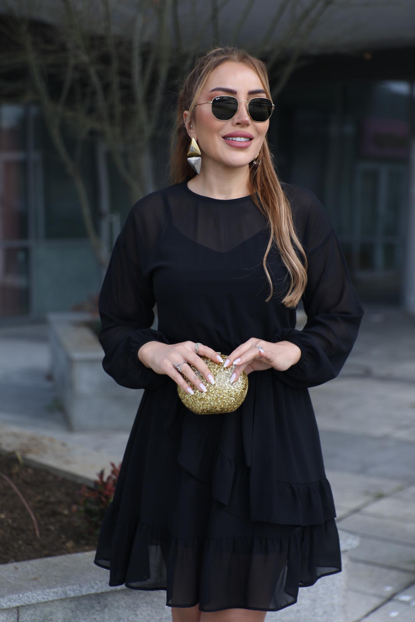 Siyah Şifon Kuşaklı Elbise 