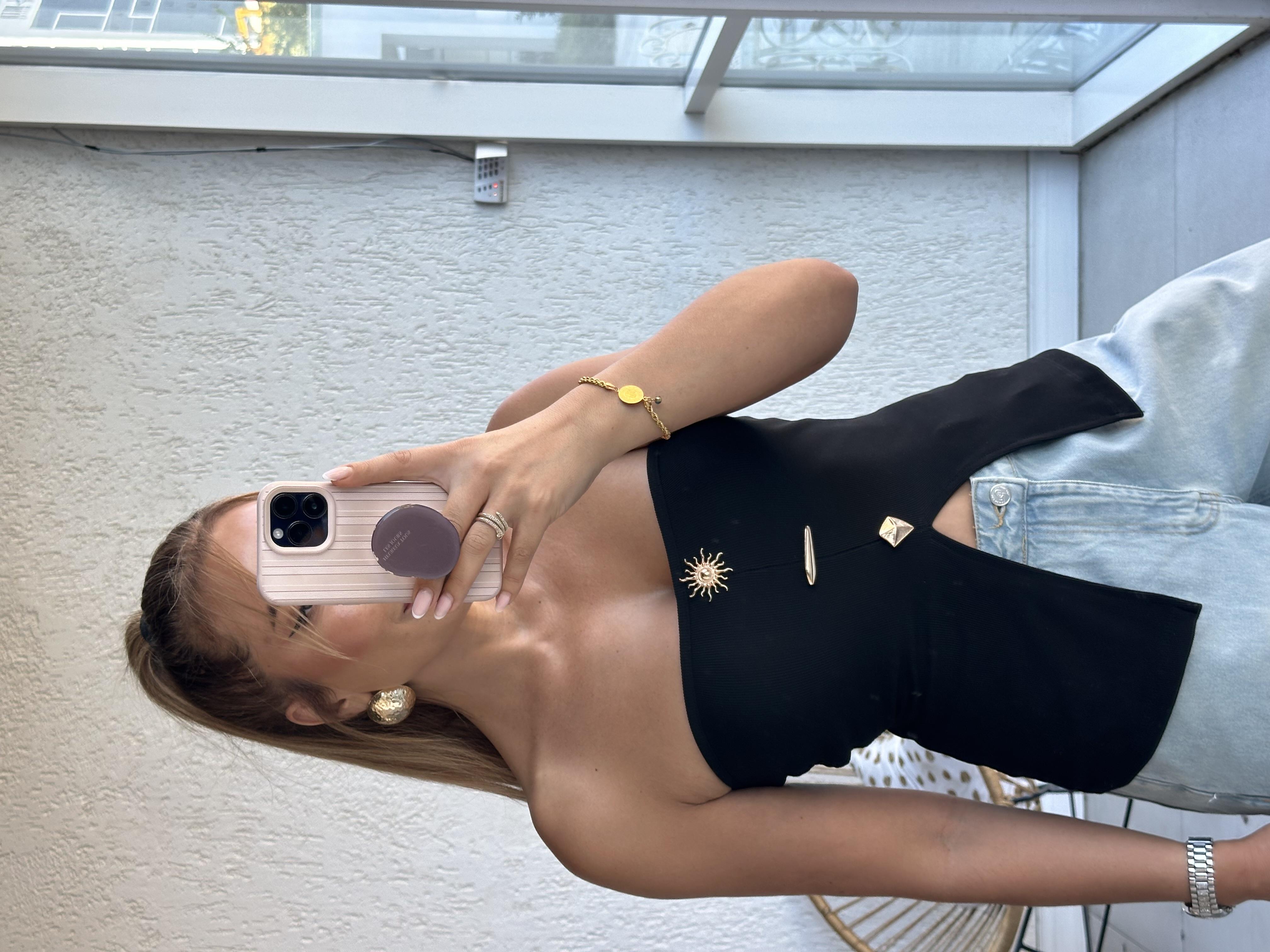 Siyah Straplez Ottoman Gold Düğmeli Bluz