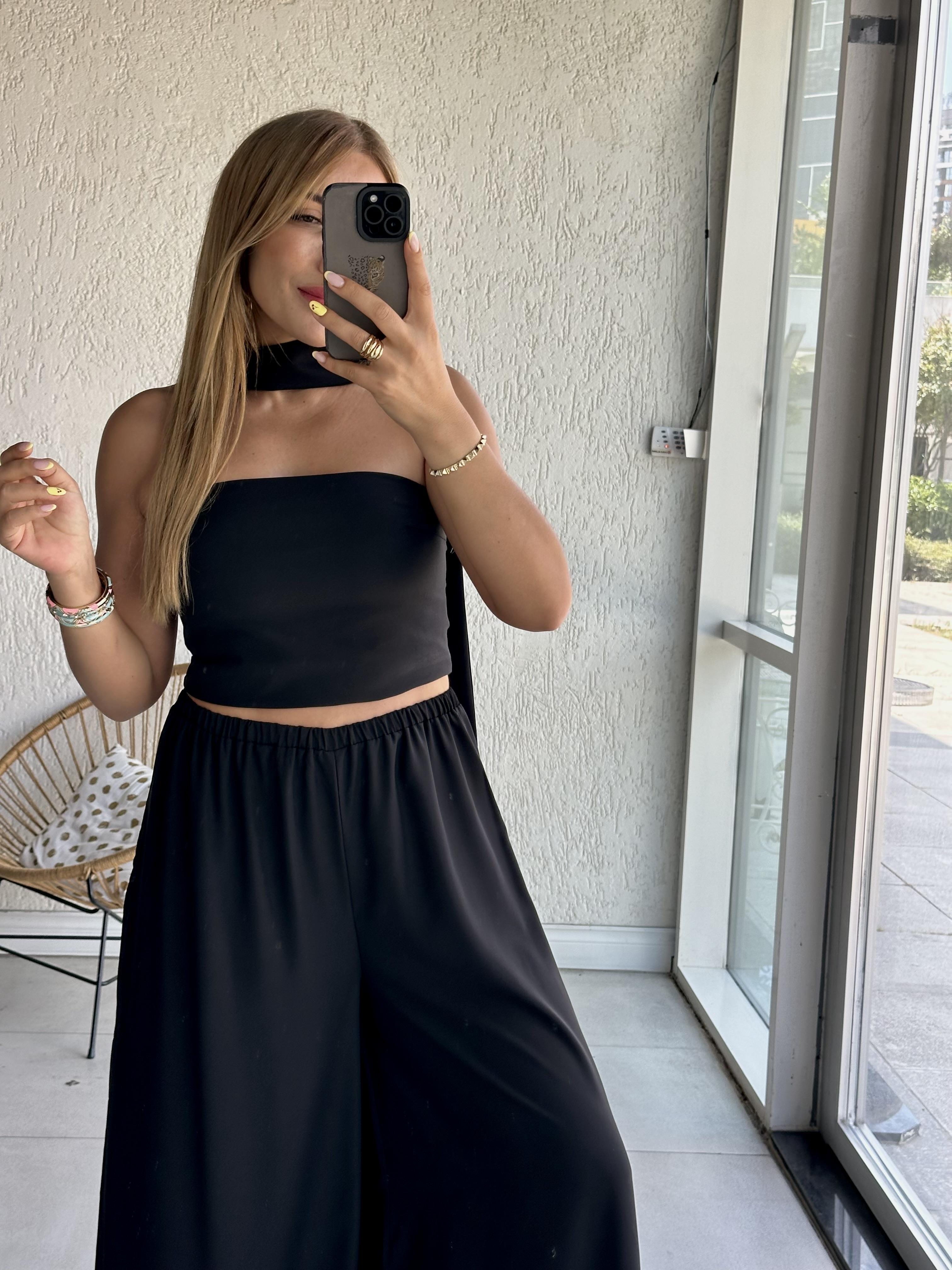 Siyah Tasarım Crop Pantolon Takım 