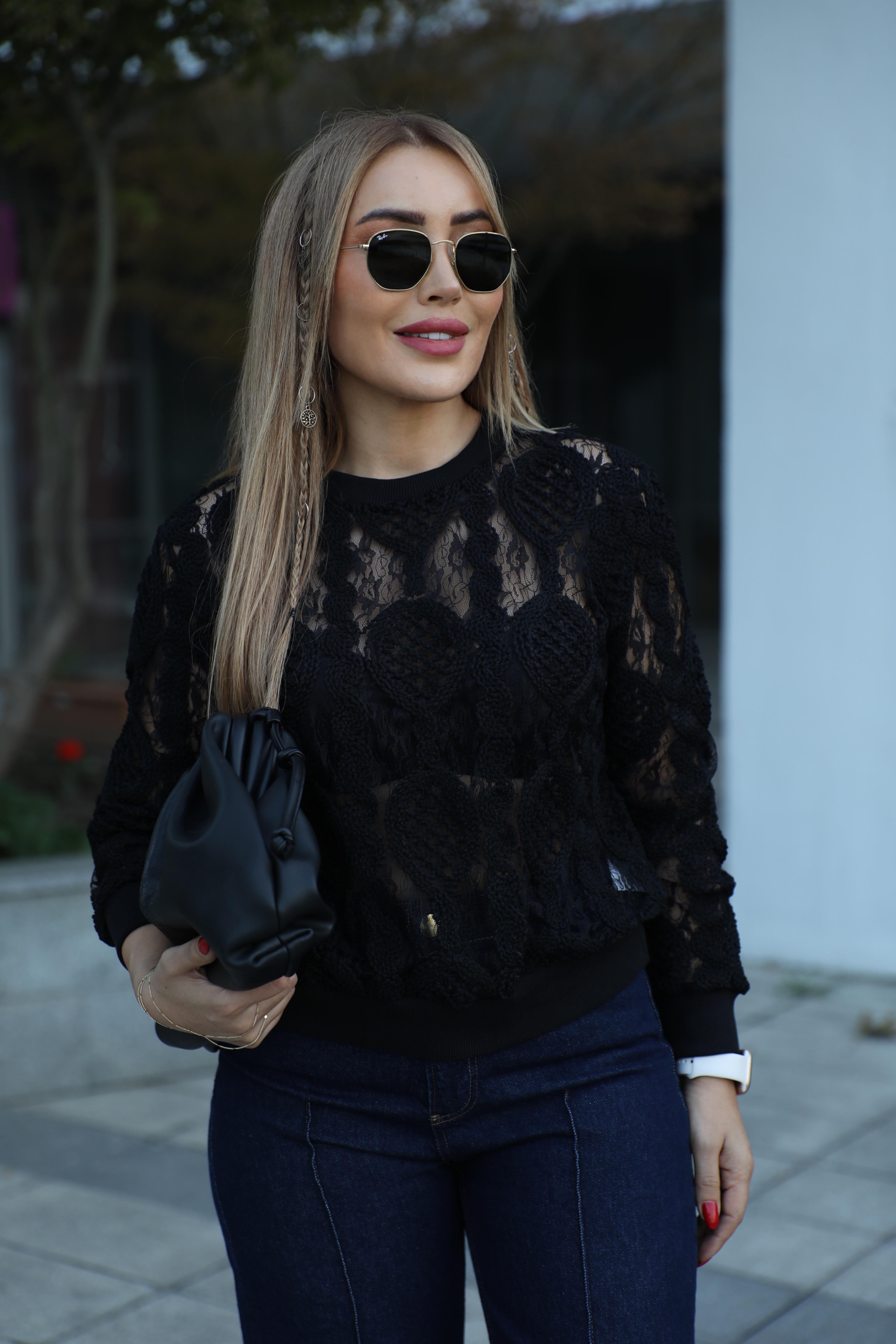 Siyah Tasarım Güpür Sweat