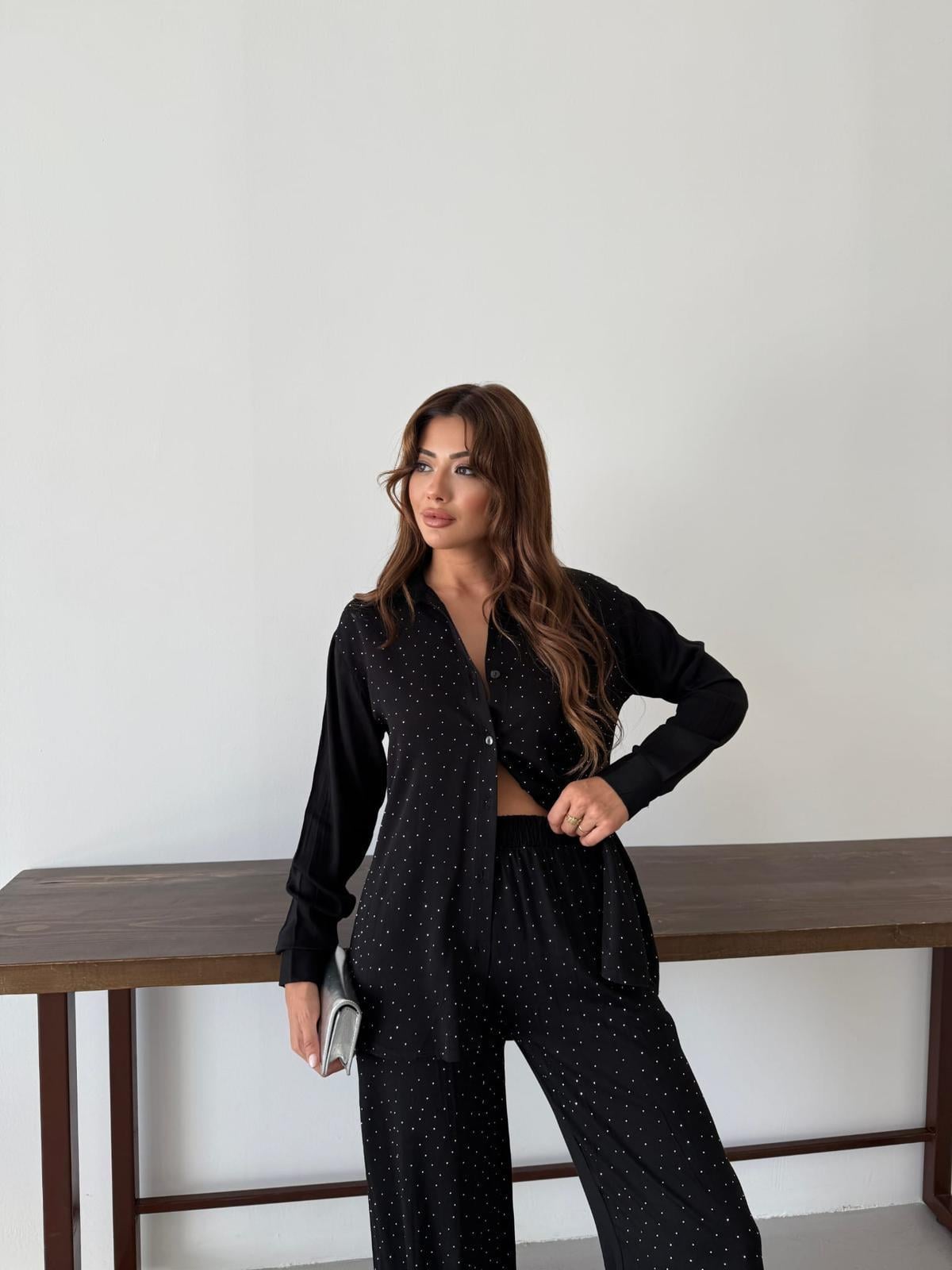 Siyah Taşlı Göklek Pantolon Takım 