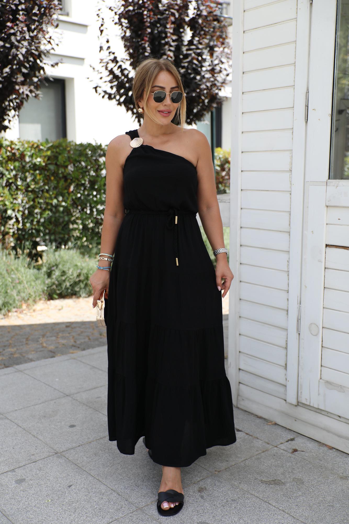 Siyah Tek Omuz Toka Detaylı Elbise