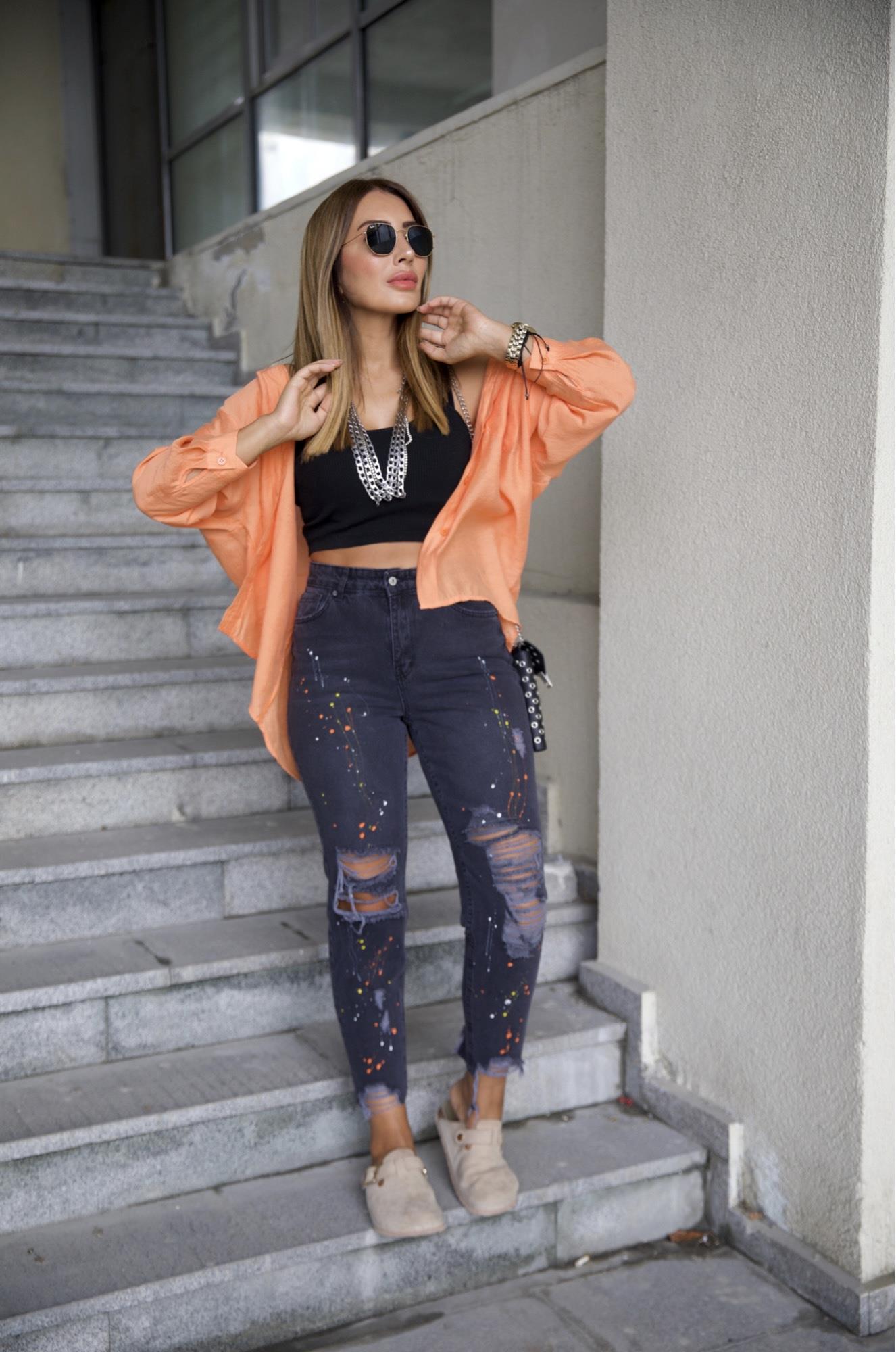 Siyah Turuncu Desenli Jean