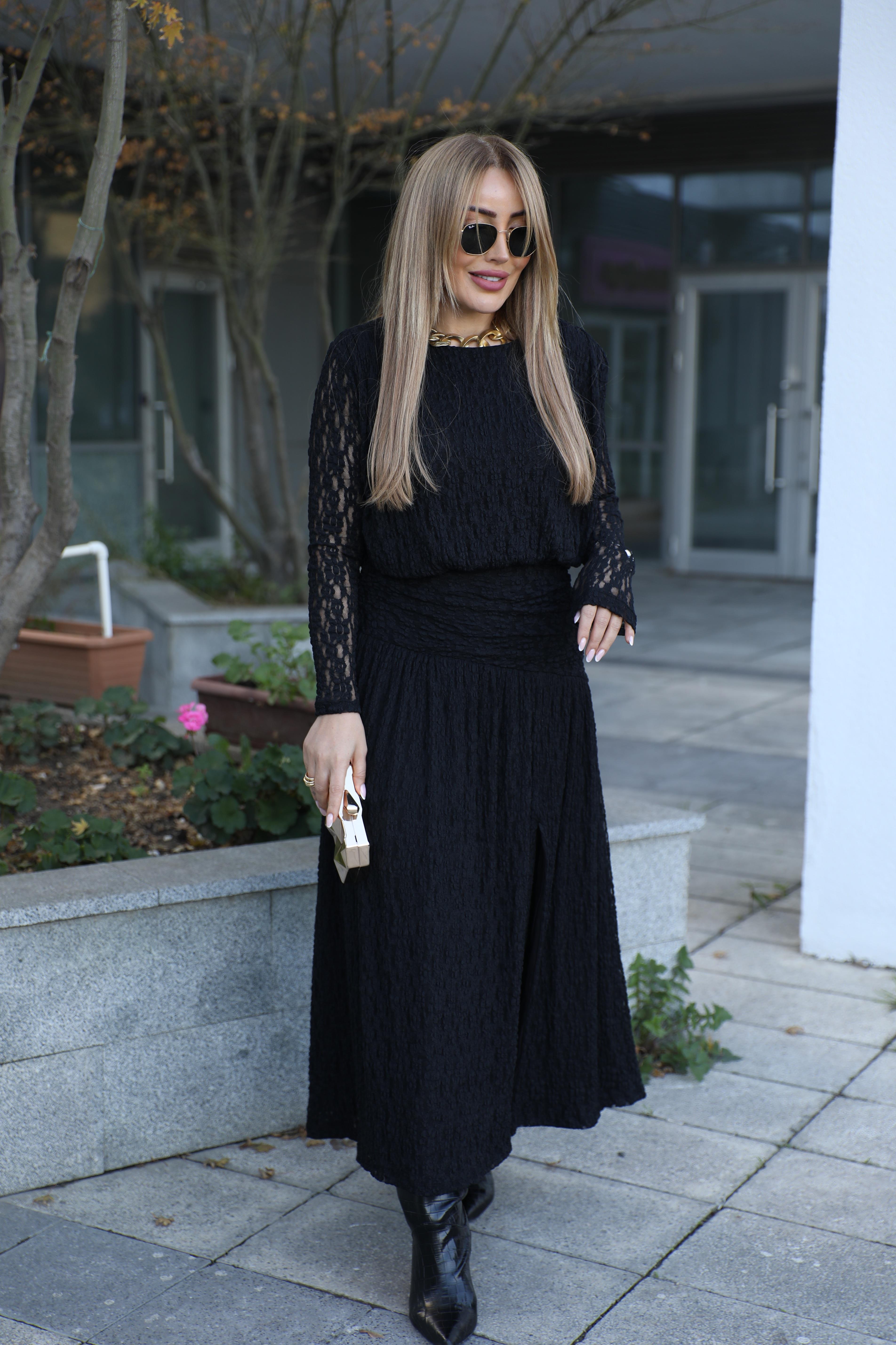 Siyah Uzun Dantel Elbise