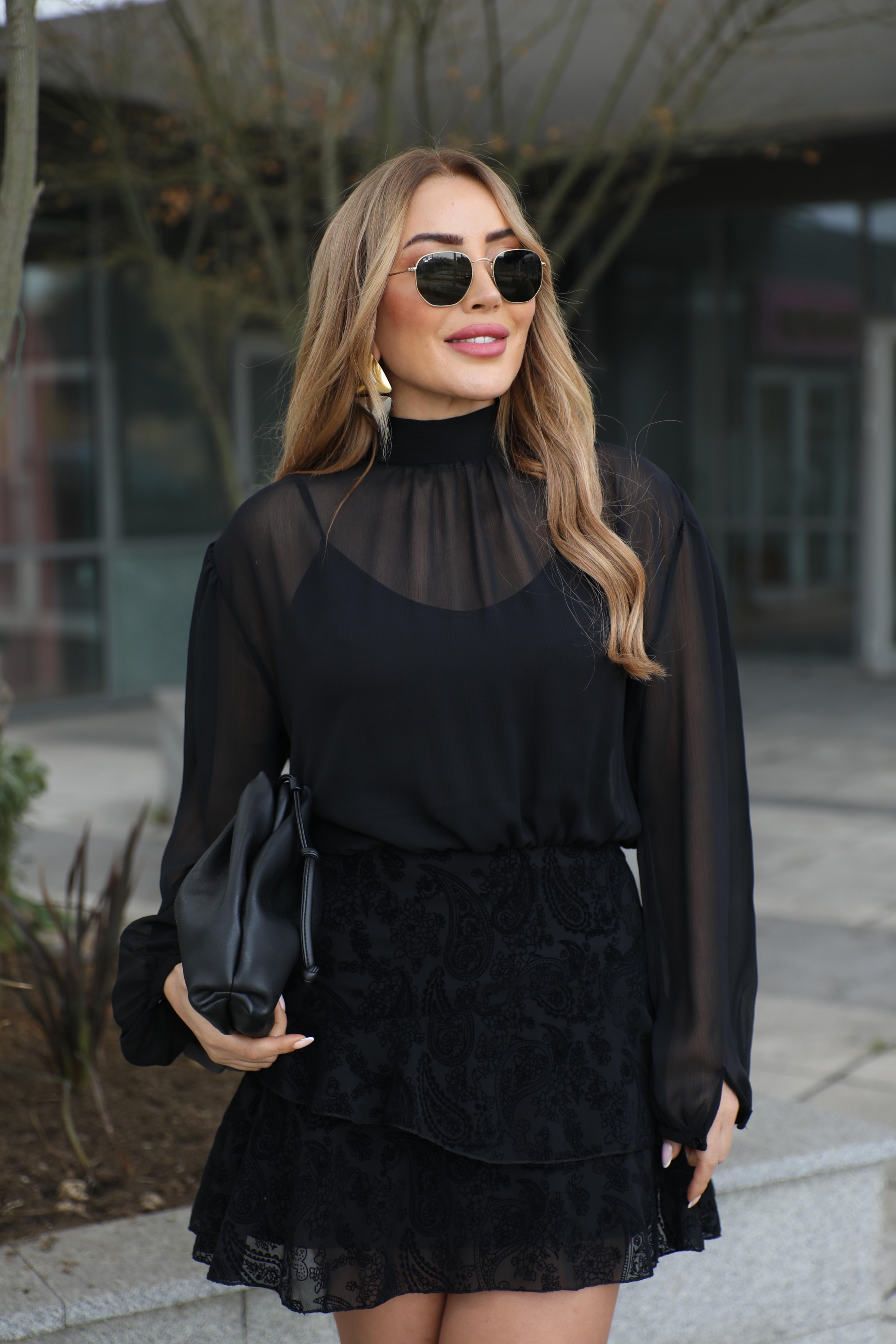 Siyah Volanlı Şifon Elbise 