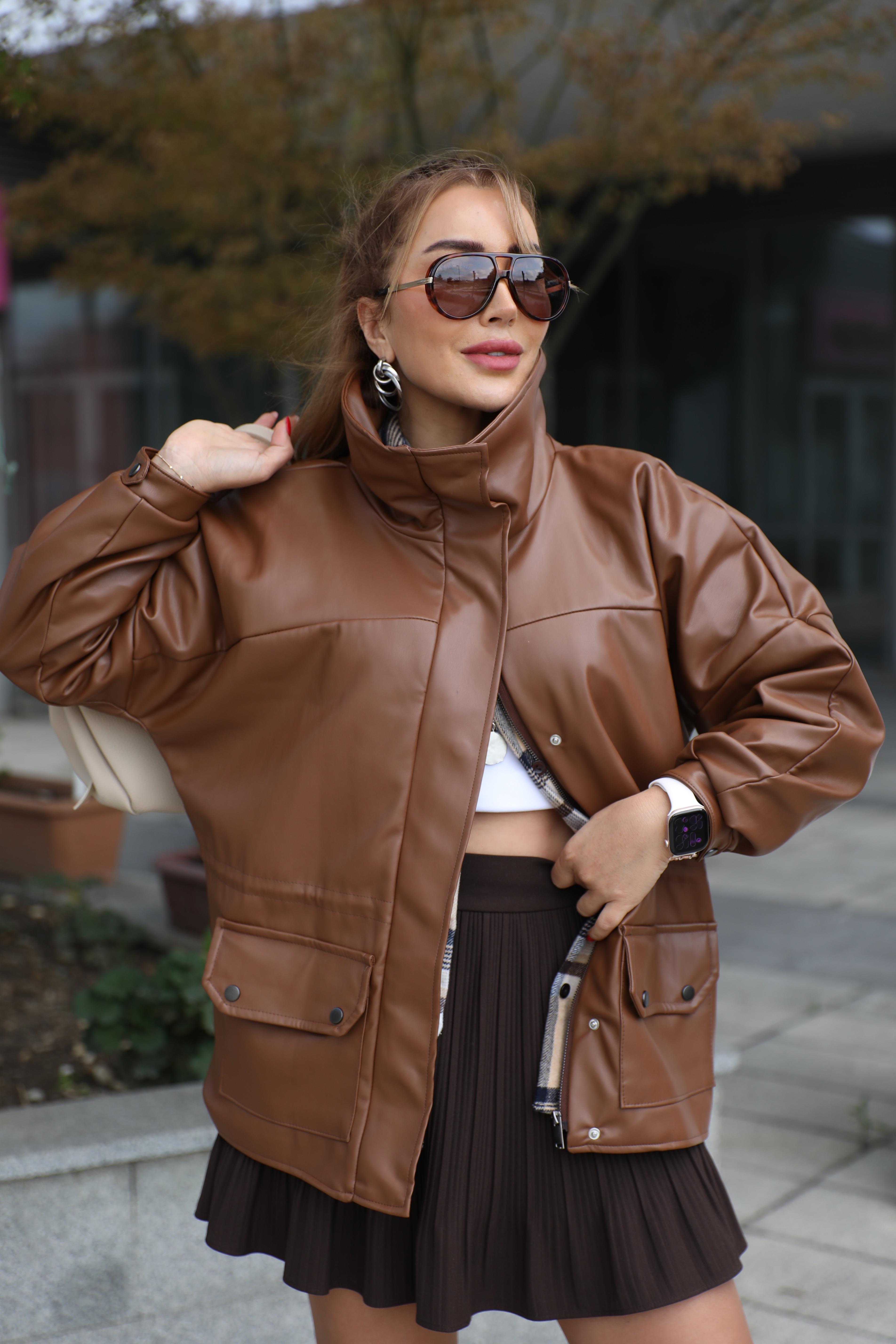 Taba Deri Yaka Detay Ceket