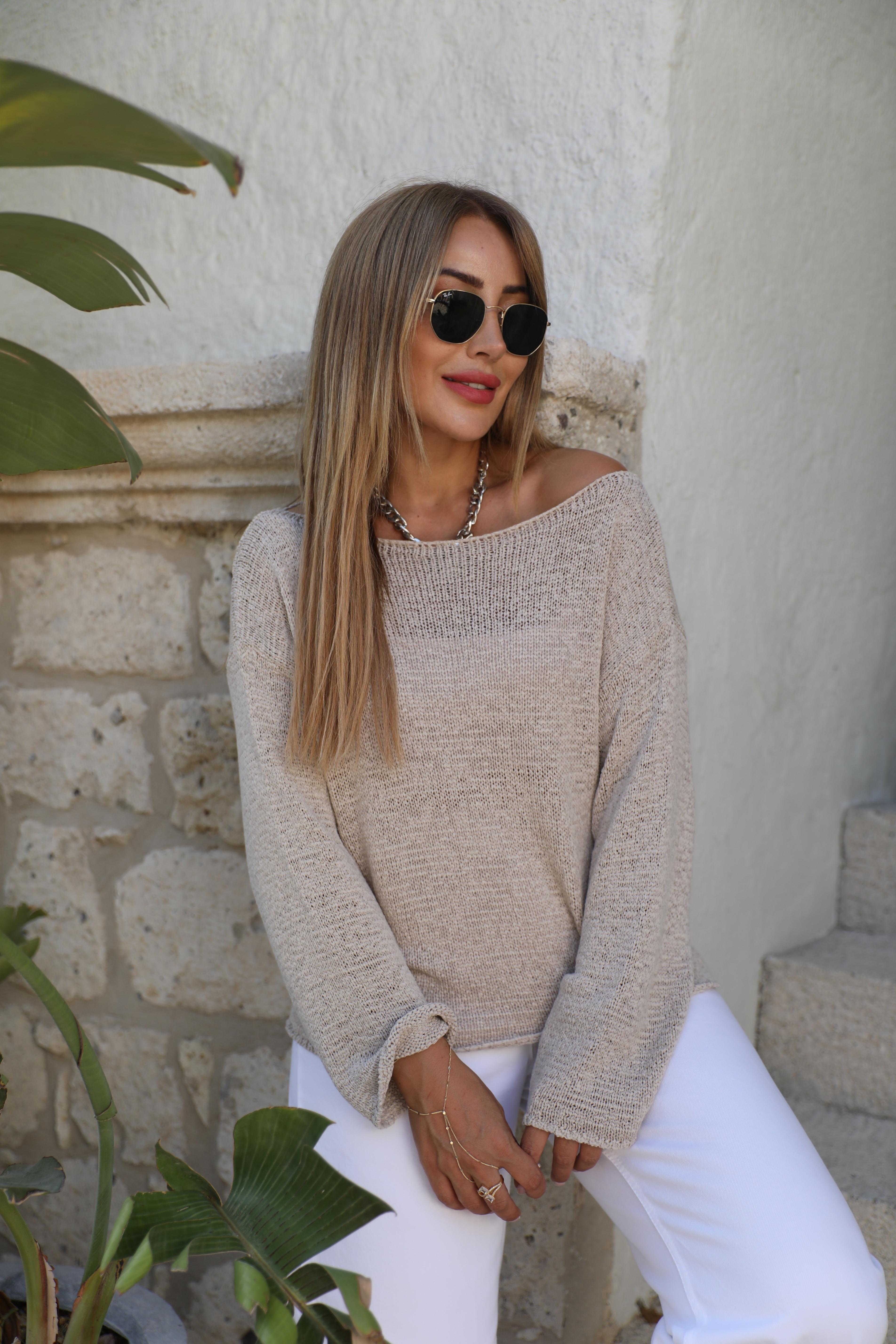 Taş Dokulu Kayık Yaka Triko 