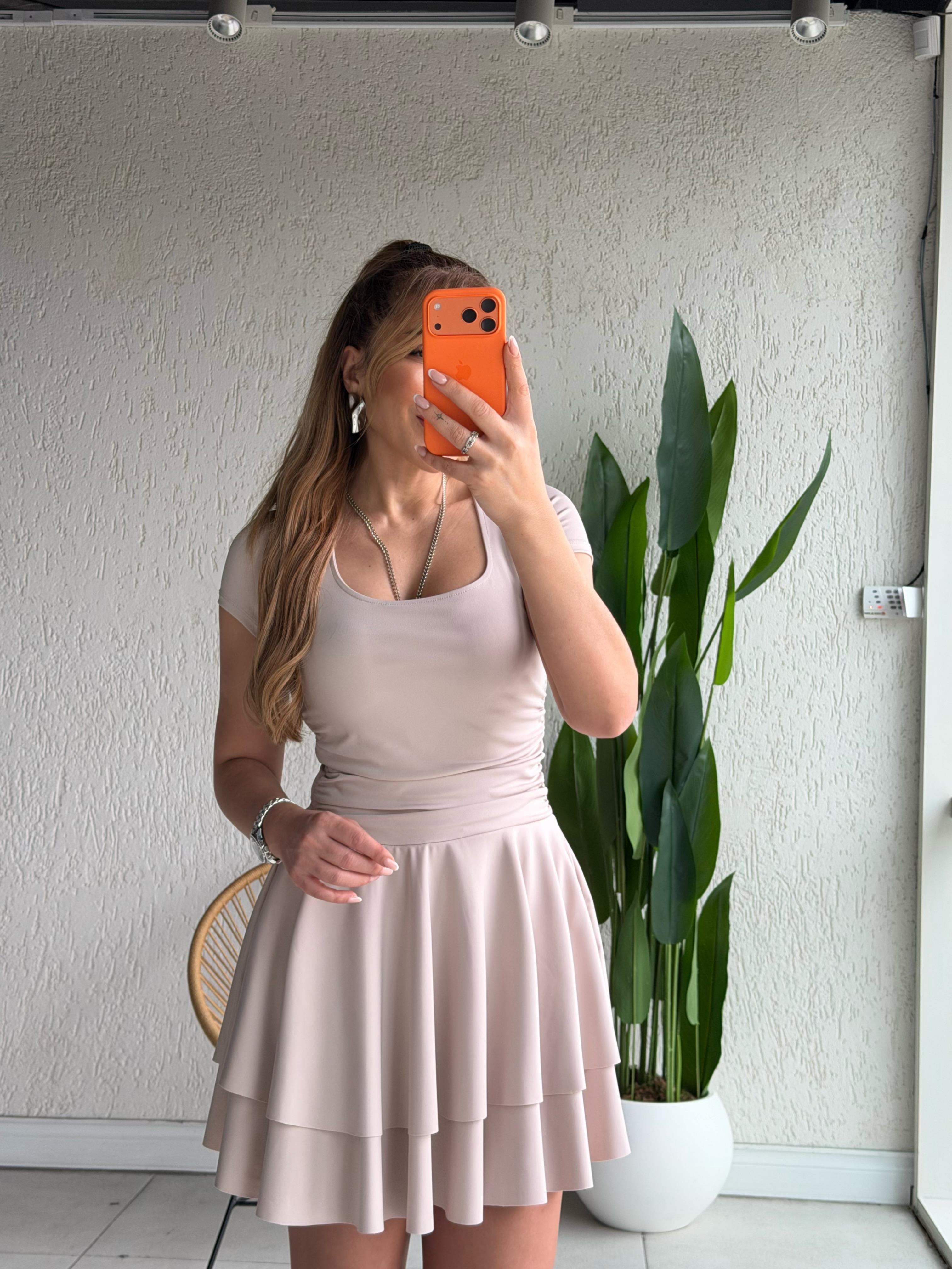 Taş Kare Yaka Kısa Kollu Volanlı Elbise