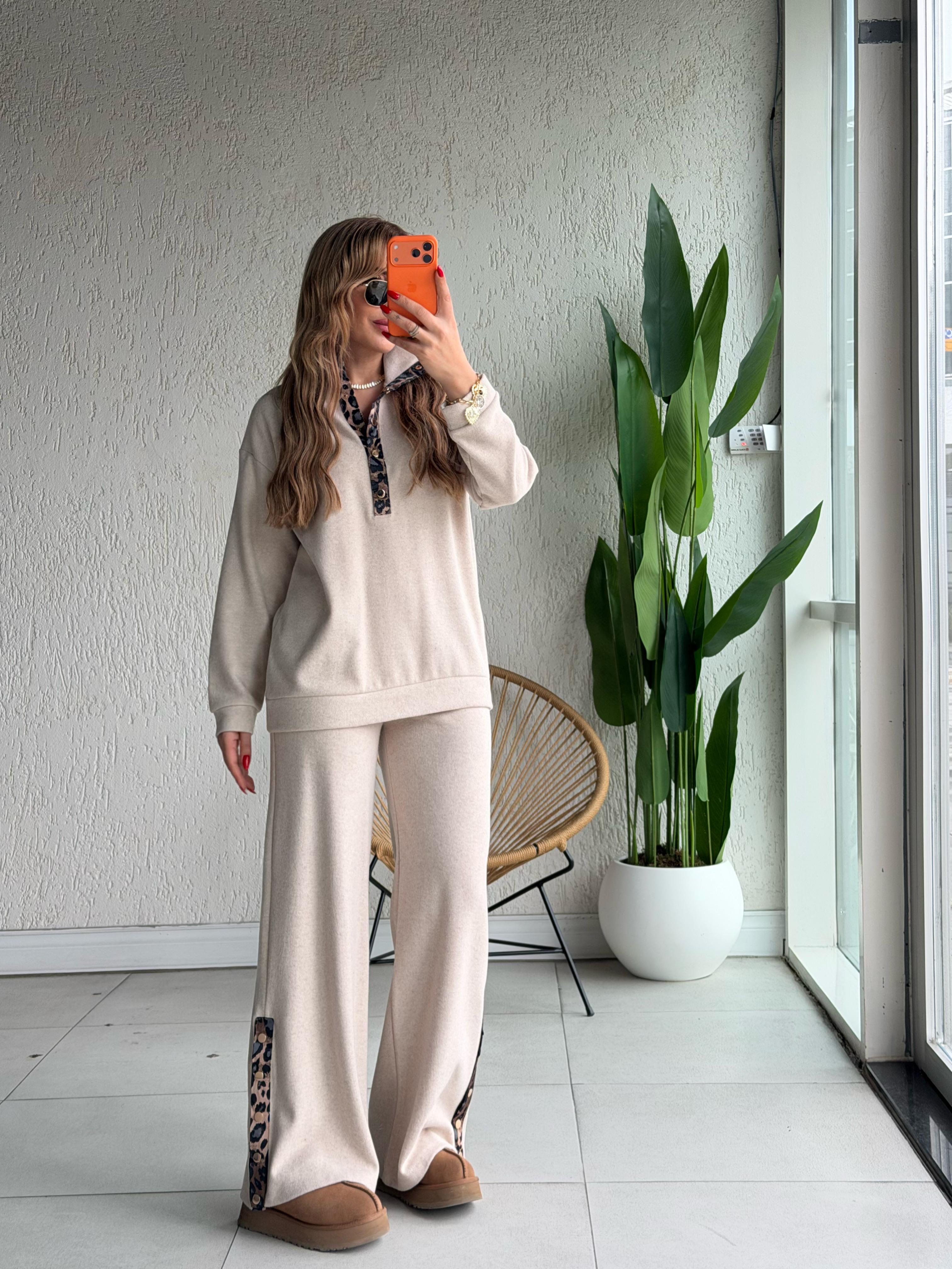 Taş Leopar Detaylı Çıtçıtlı Takım 