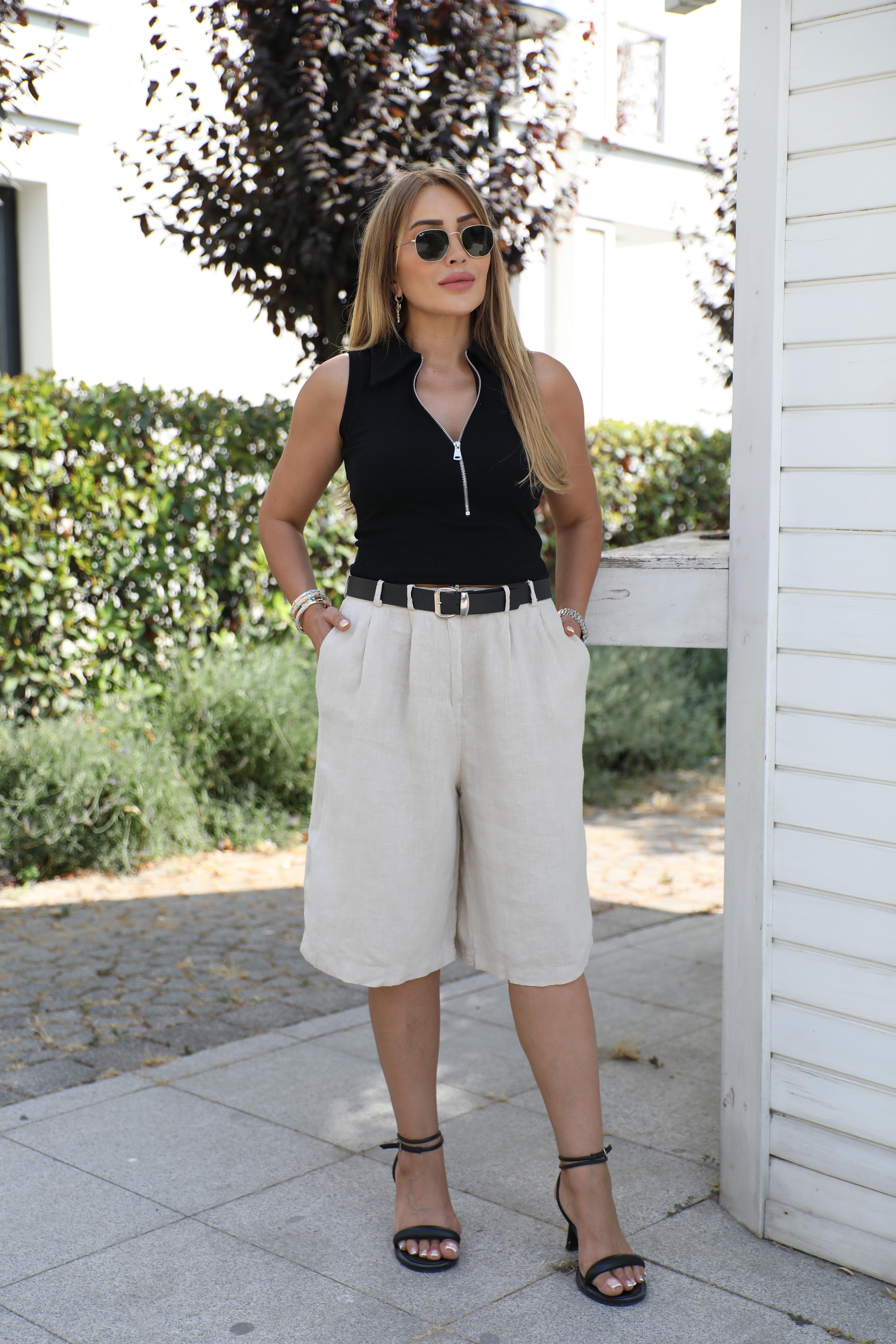 Taş Rengi Keten Şehir Boy Şort 