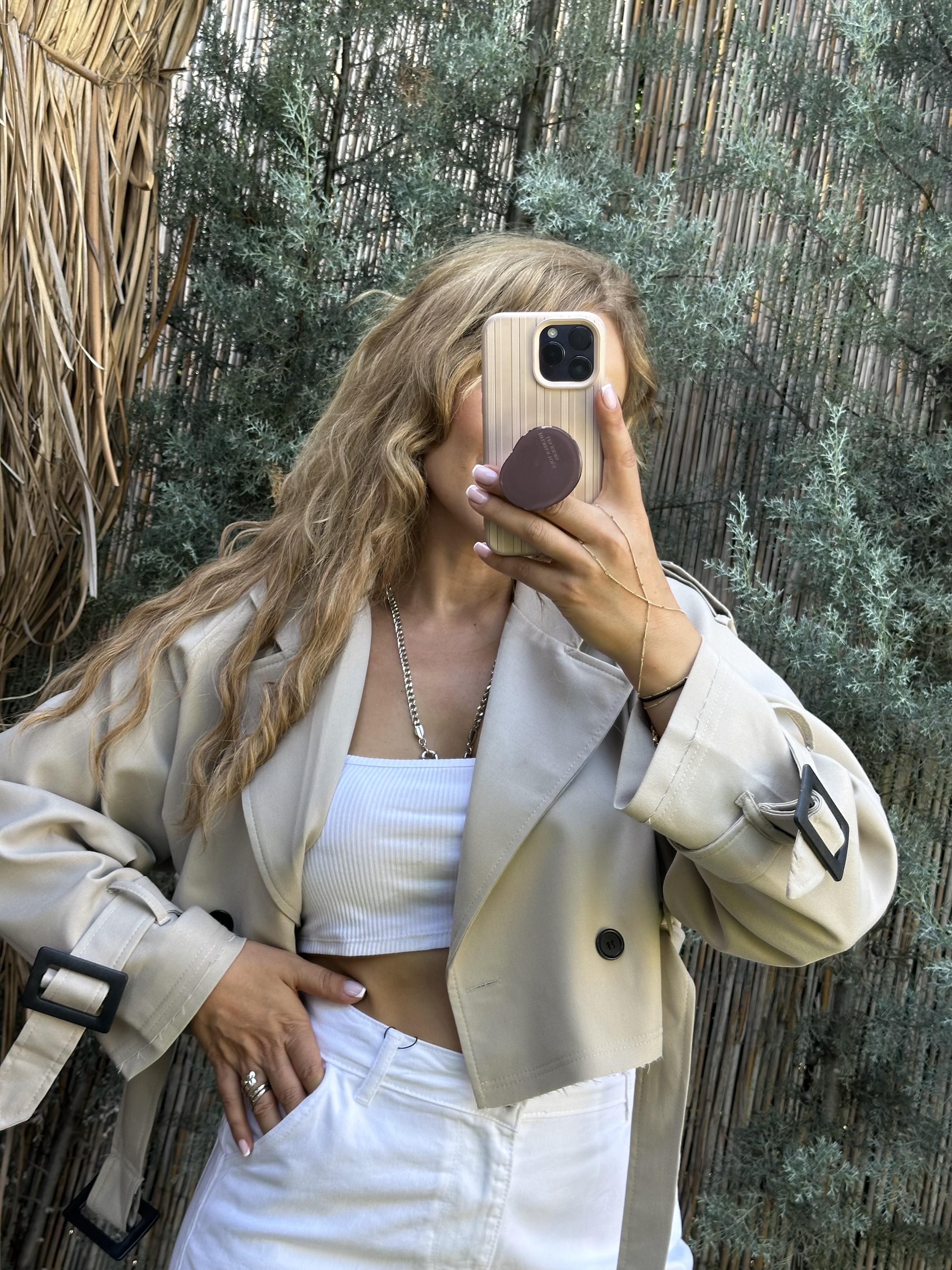 Taş Rengi Kısa Oversize Trenç