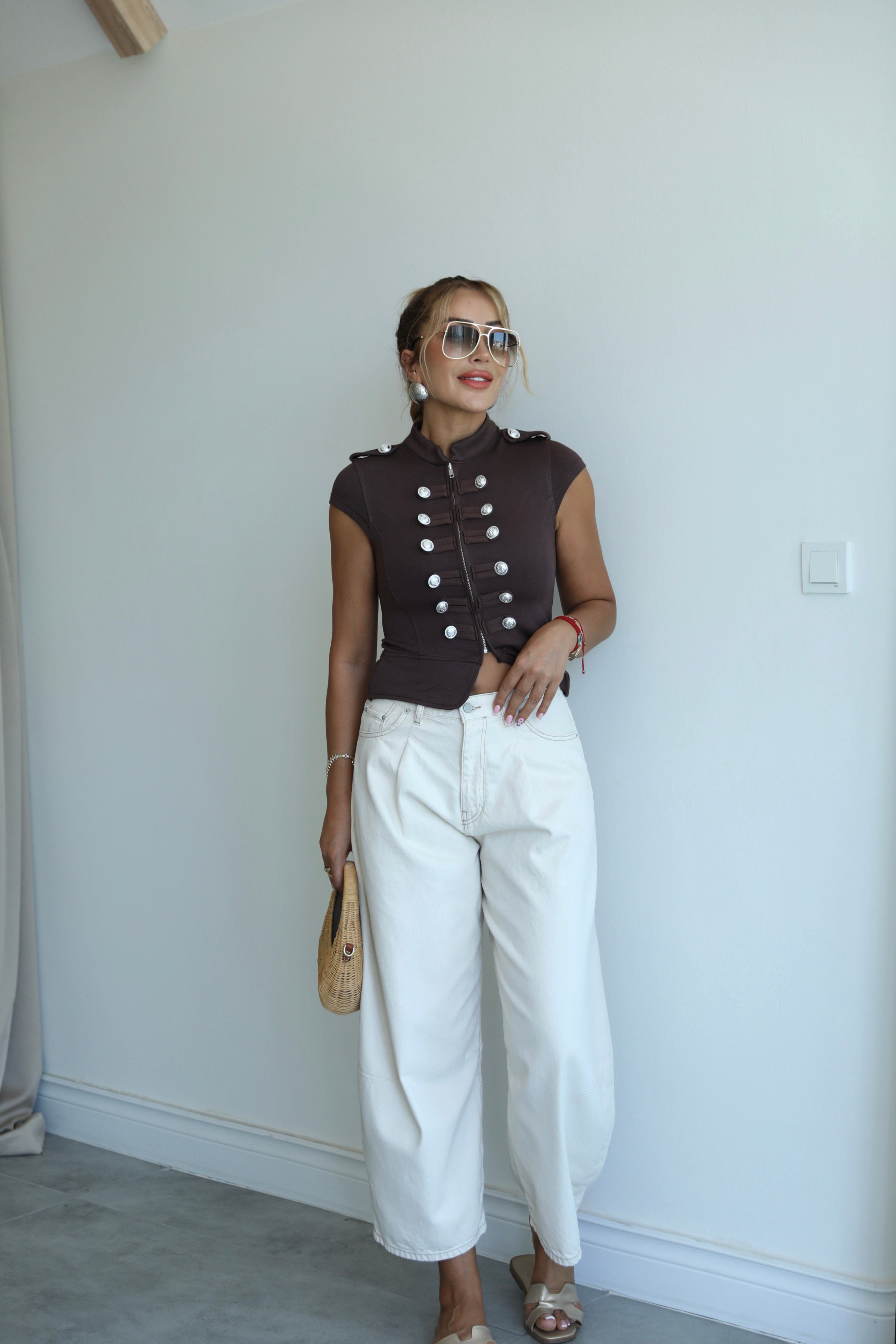 Taş Rengi Pile Detaylı Denim