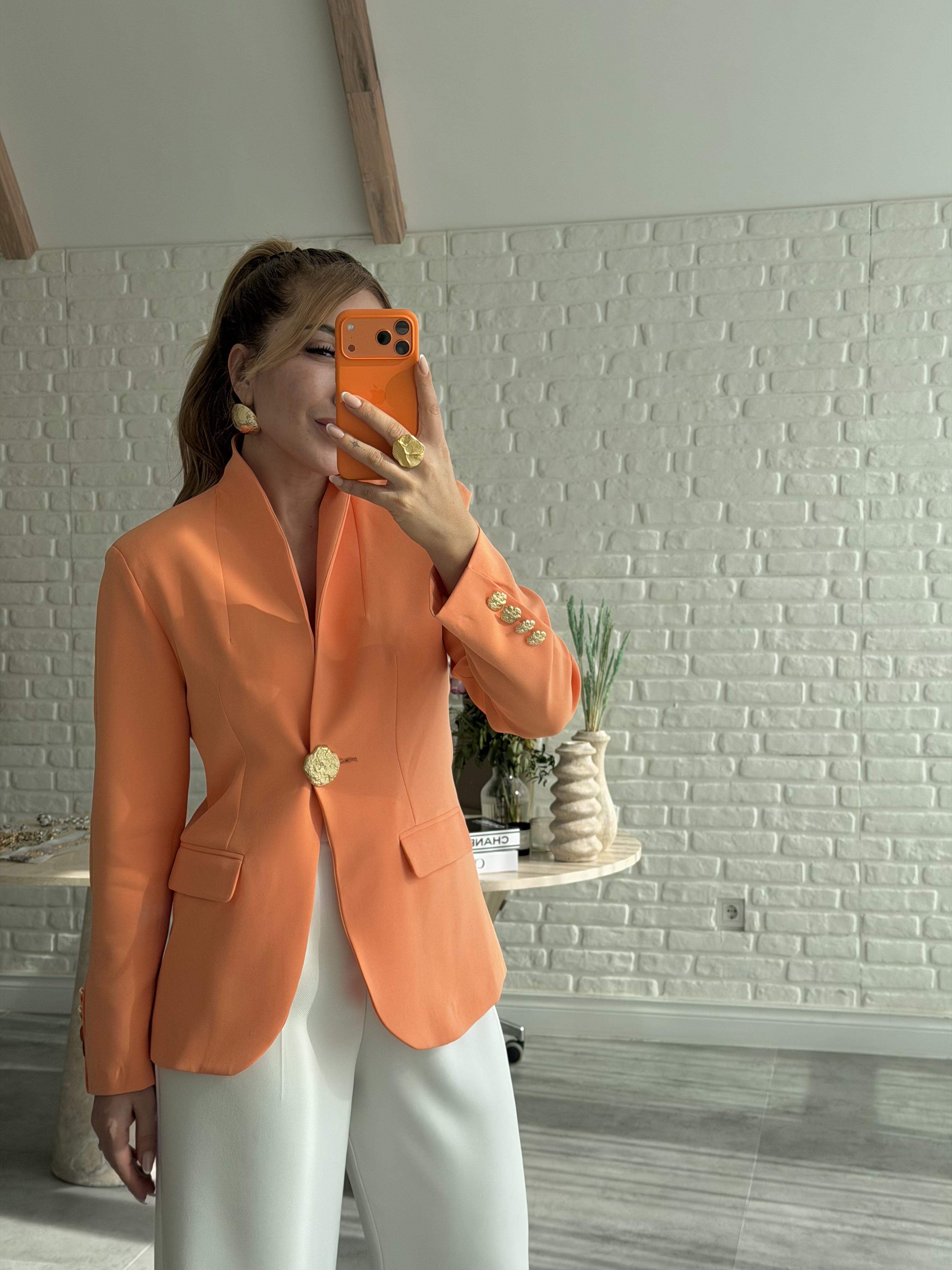 Turuncu Gold Düğme Detaylı Blazer Ceket