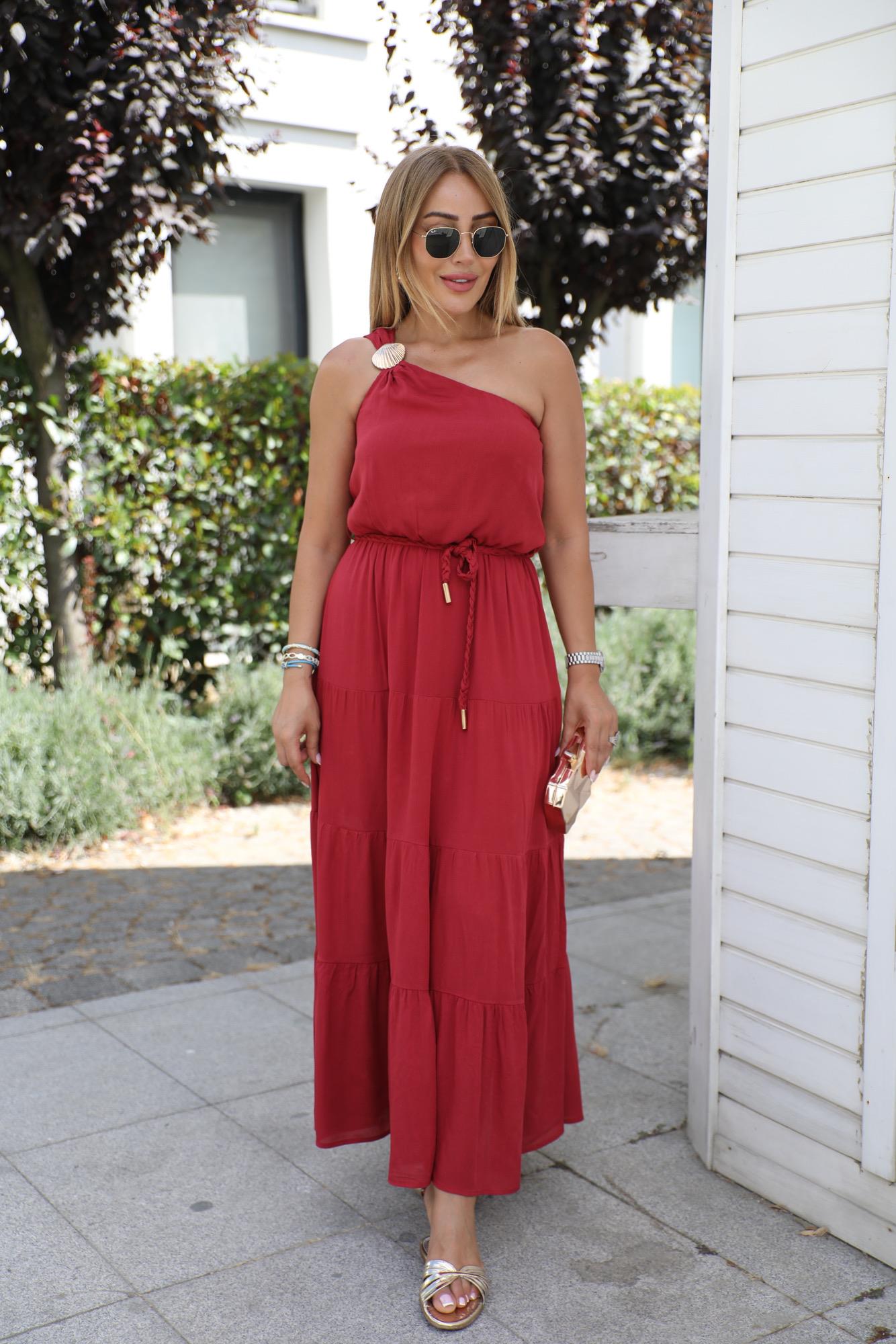 Vişne Tek Omuz Toka Detaylı Elbise