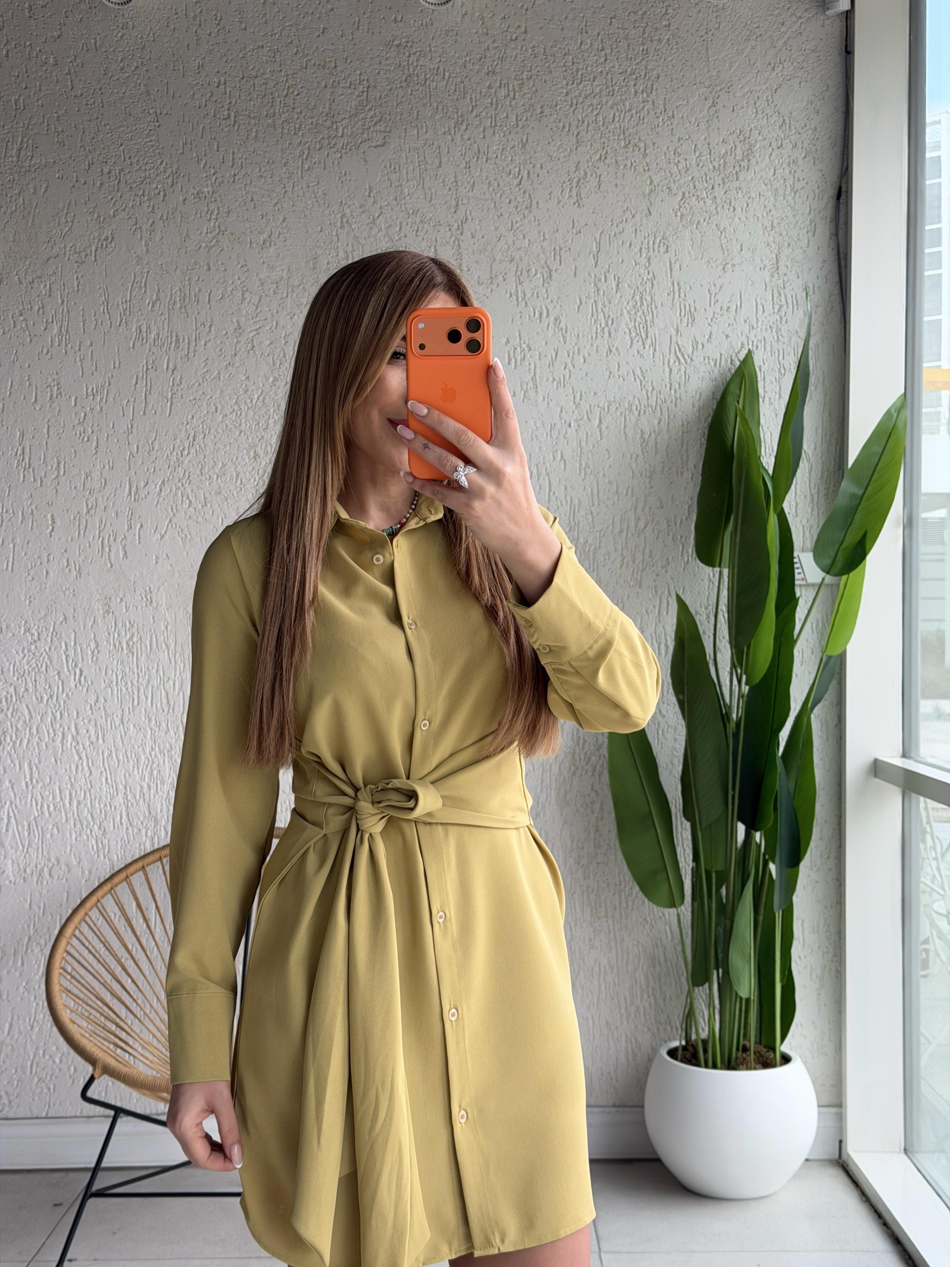 Yağ Yeşili Kuşaklı Gömlek Elbise 