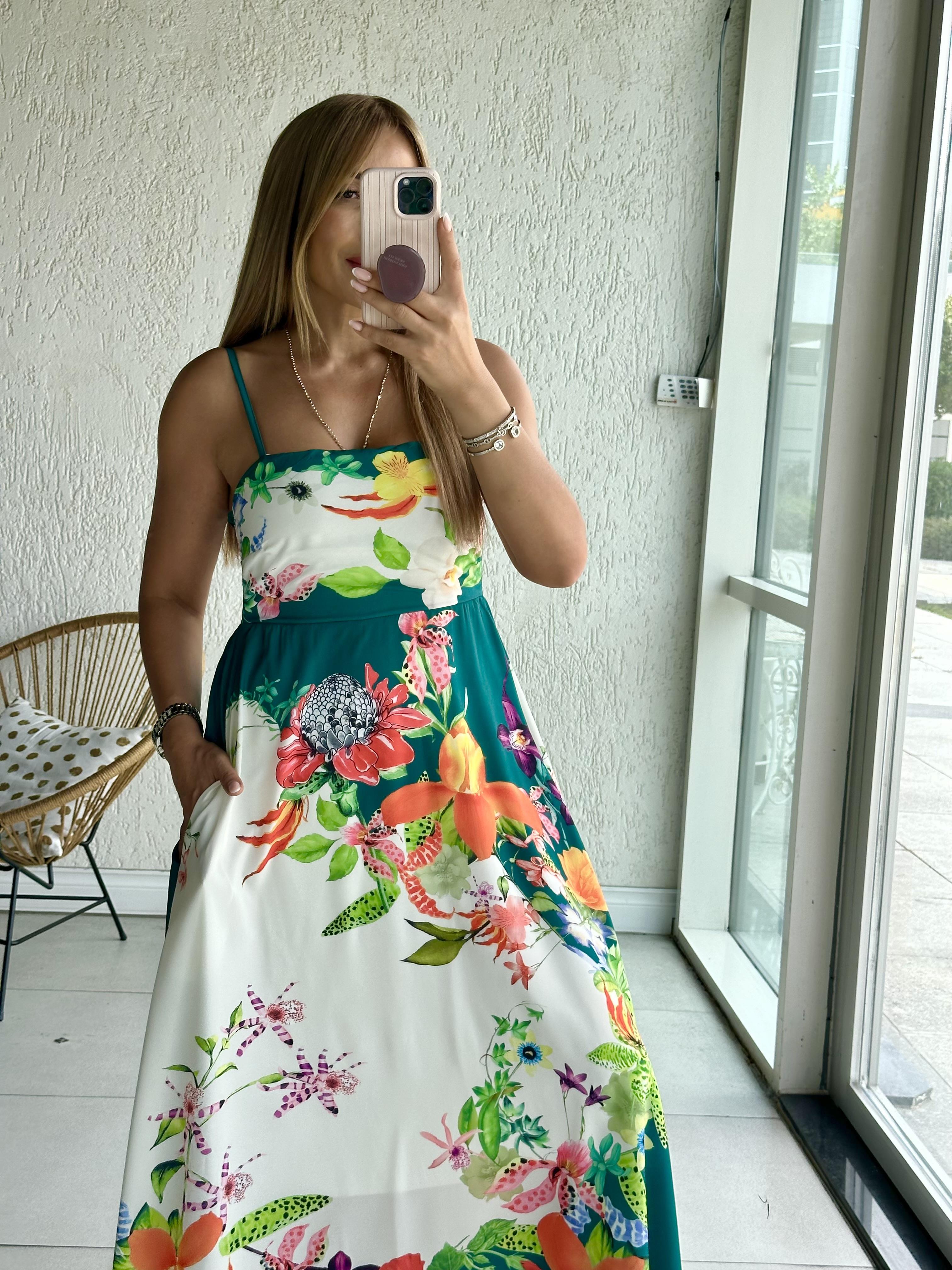 Yeşil Çiçek Desenli Maxi Elbise