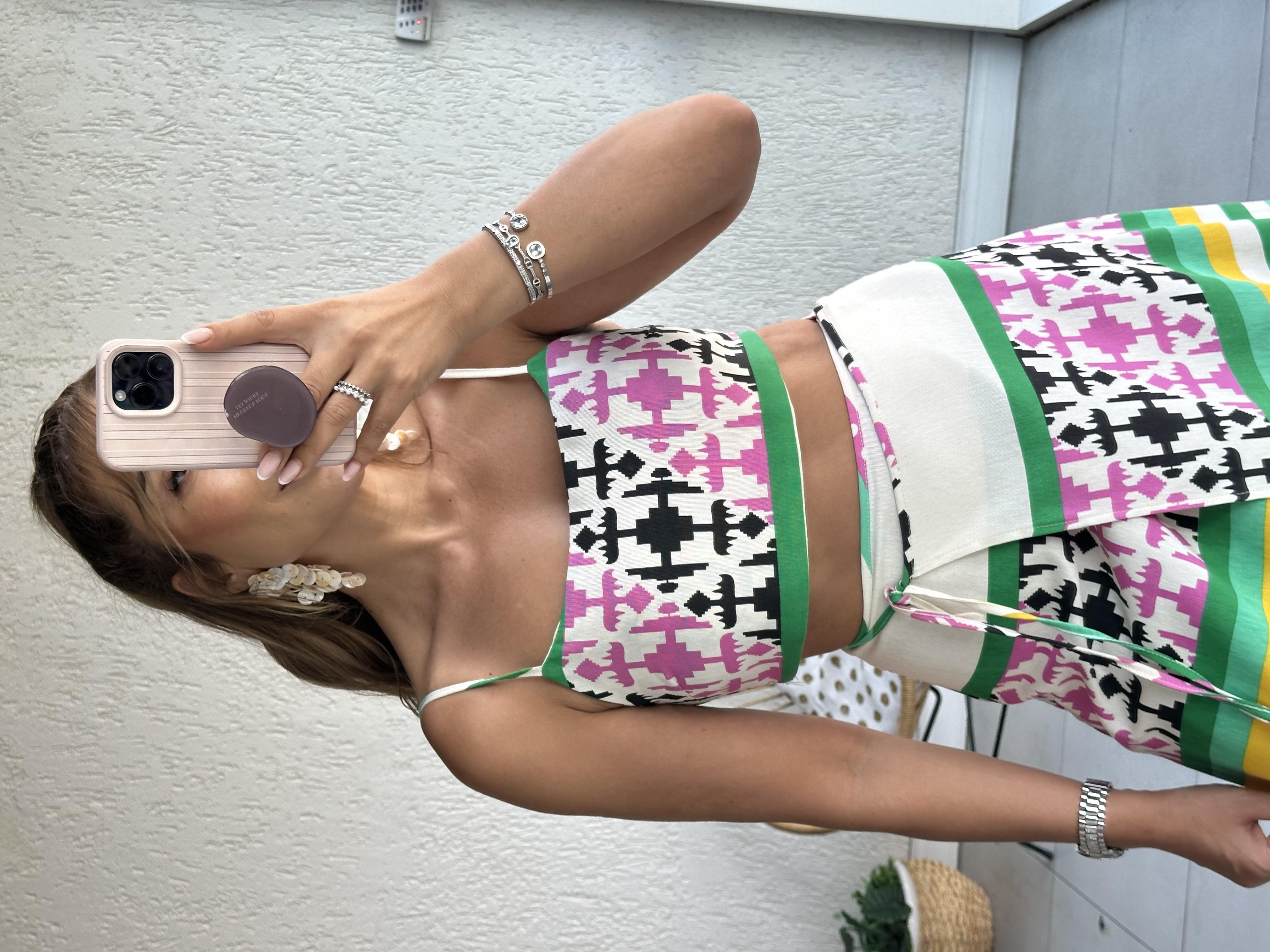 Yeşil Desenli Anvalop Etek Crop Takım
