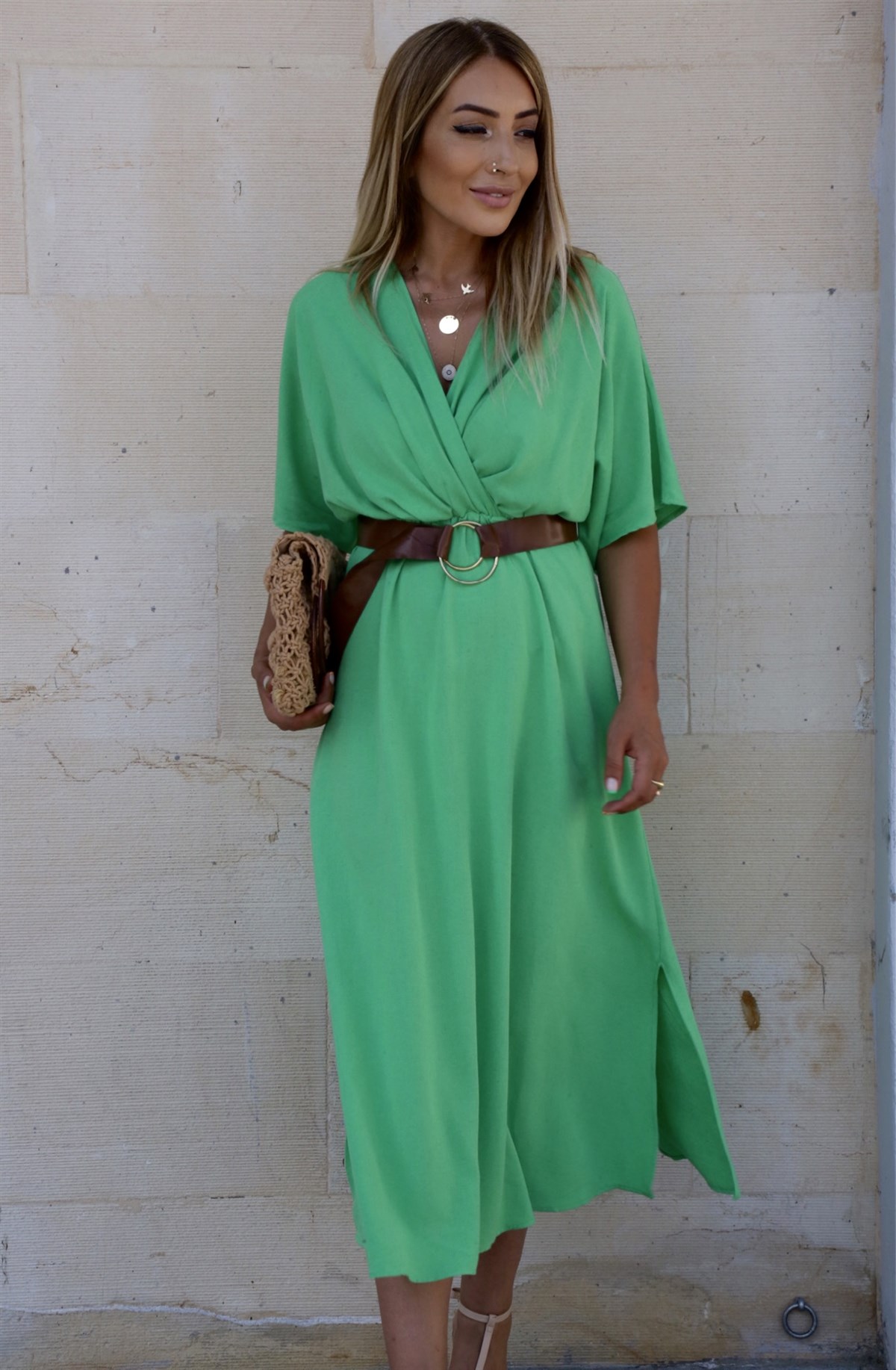 Yeşil Kruvaze Keten Kemerli Elbise