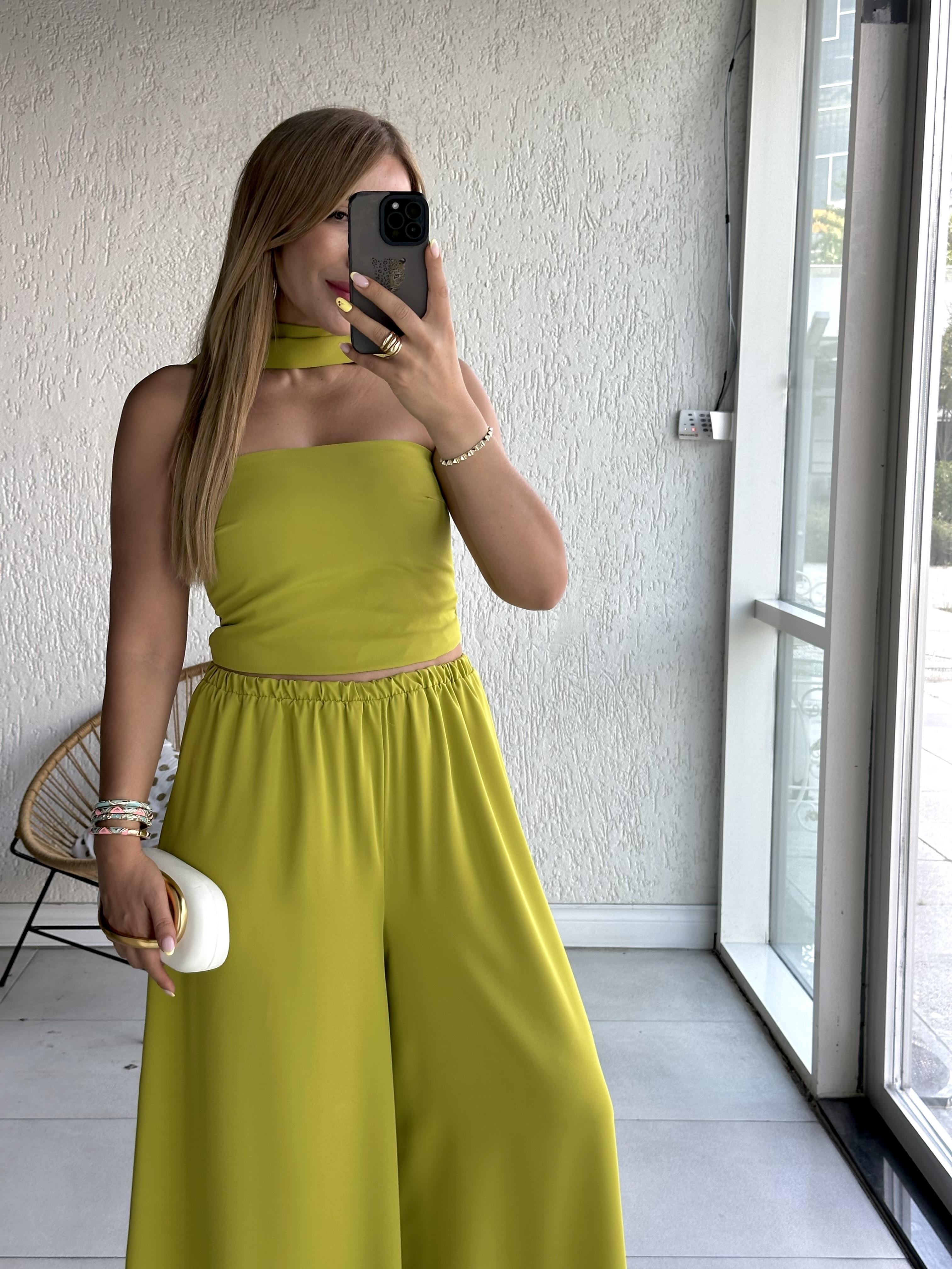 Yeşil Tasarım Crop Pantolon Takım 
