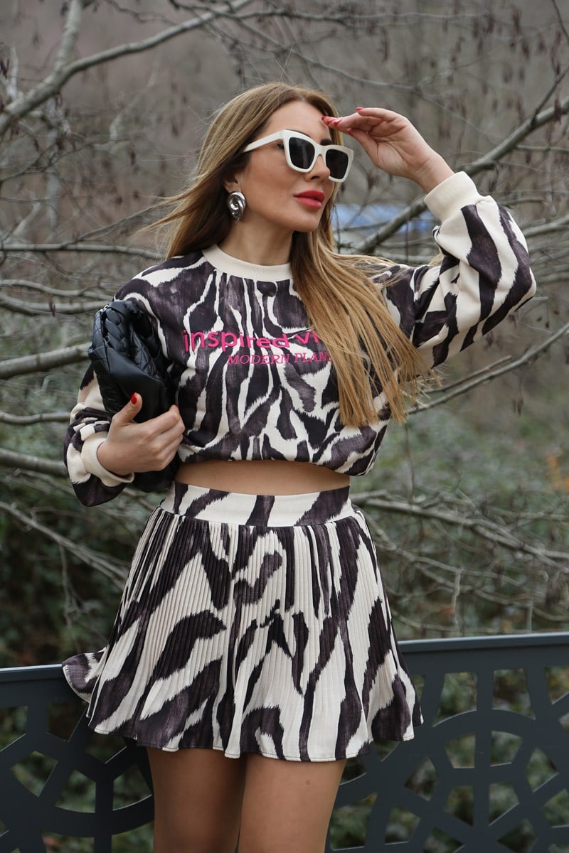 Zebra Desen Piliseli Şort Etek