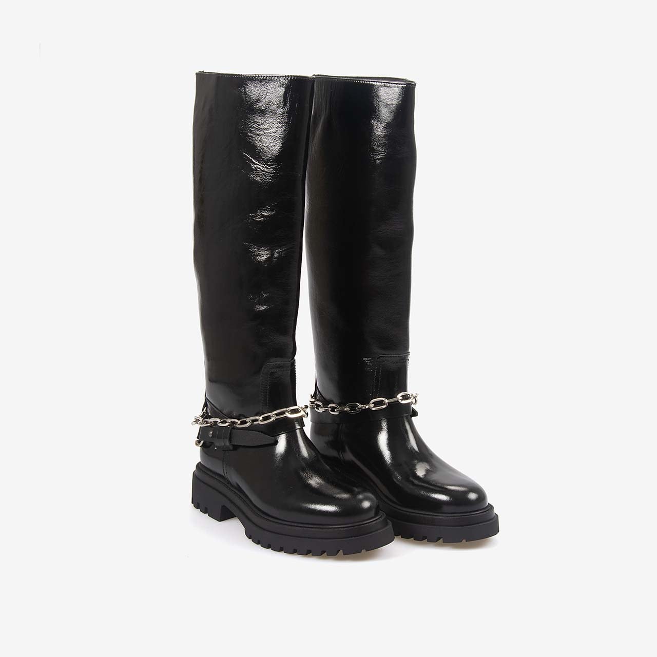 Hawen Angels Kadın 4cm Kauçuk Taban Zincir Detaylı Siyah Hakiki Deri Çizme 48426