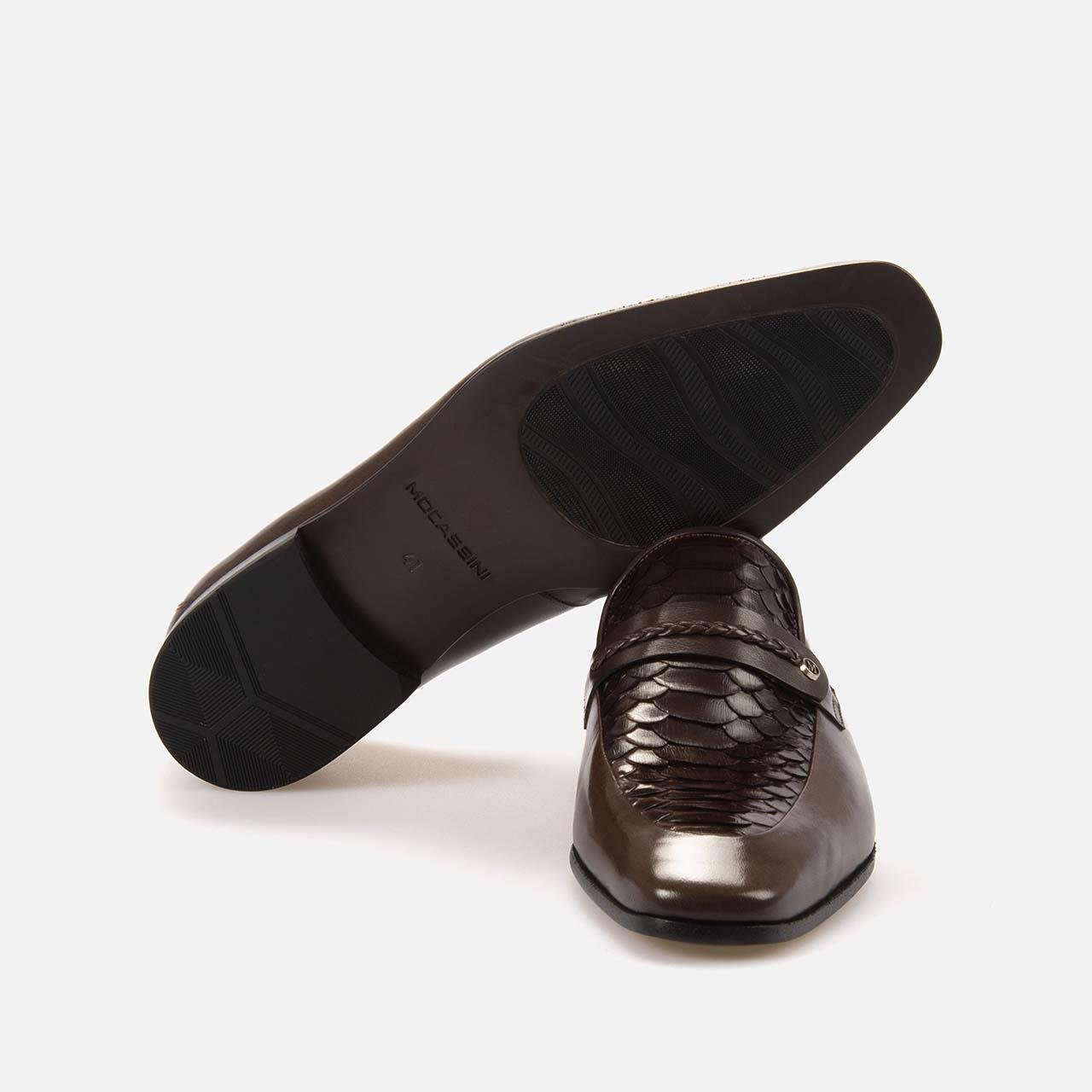 Mocassini Gold Erkek Hakiki Piton Kösele Taban Kahverengi Klasik Ayakkabı