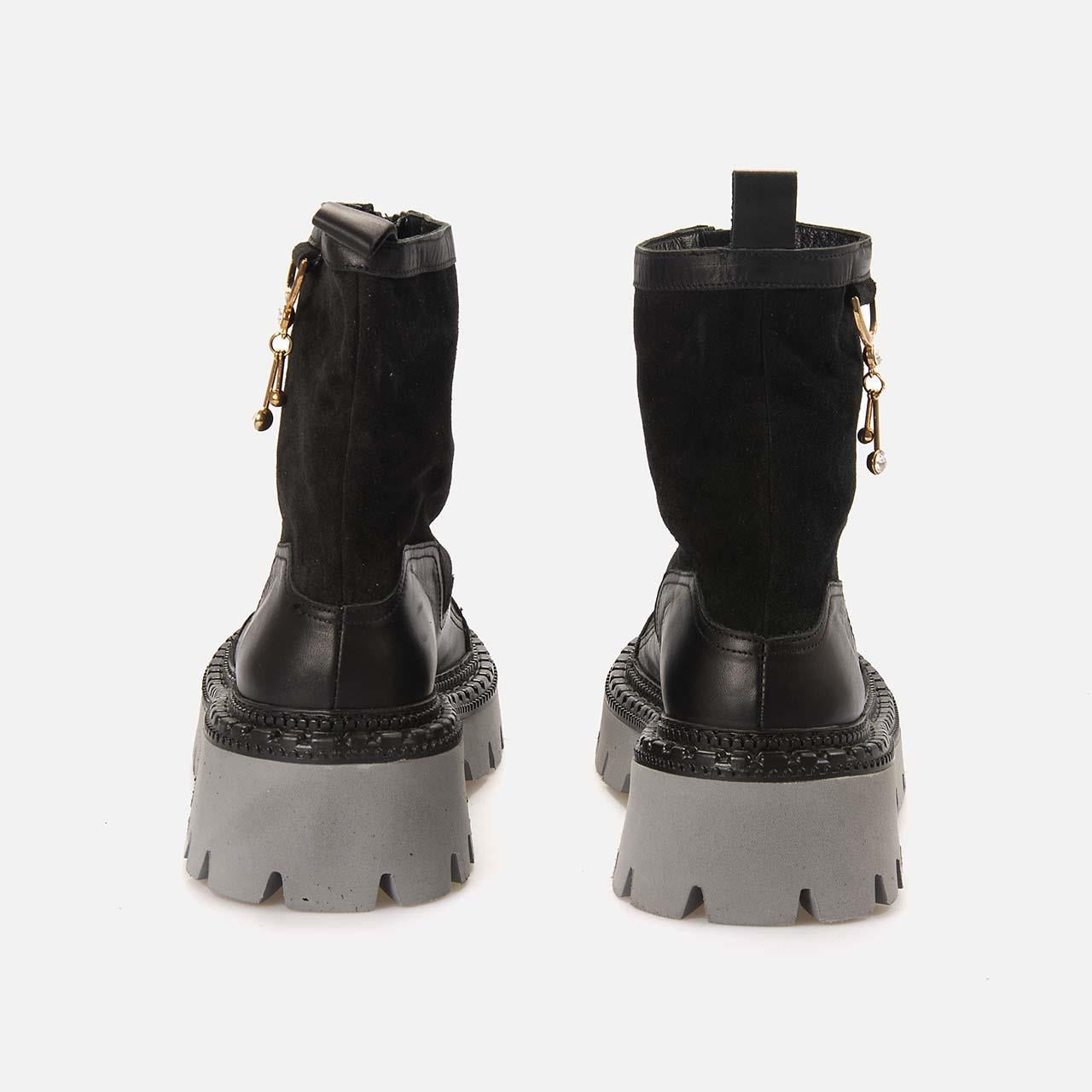 Mocassini Kadın Hakiki Deri Kauçuk Taban Siyah Günlük Bot