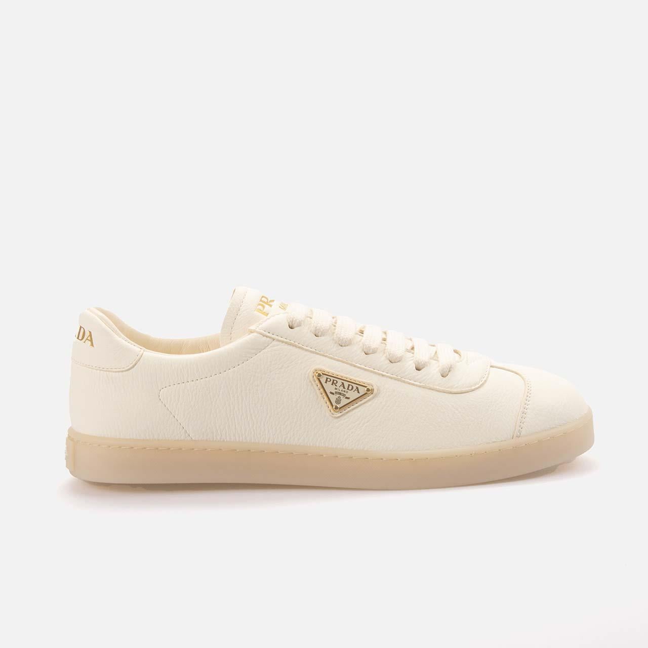 Prada Triangle-Logo Erkek Hakiki Deri Bej Spor & Sneaker Ayakkabı