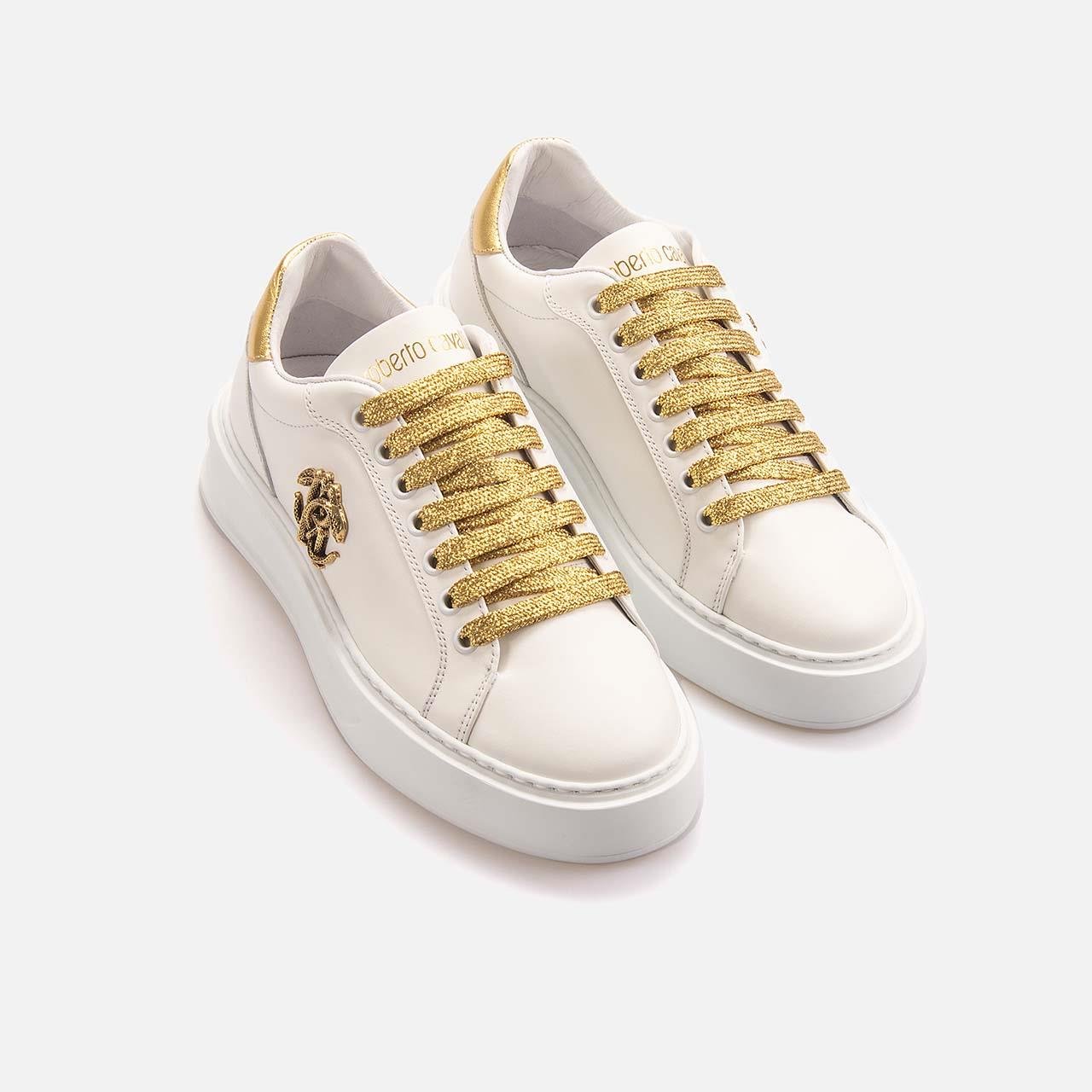 Roberto Cavalli Kadın Hakiki Deri Beyaz-Altın Sarısı Spor & Sneaker Ayakkabı