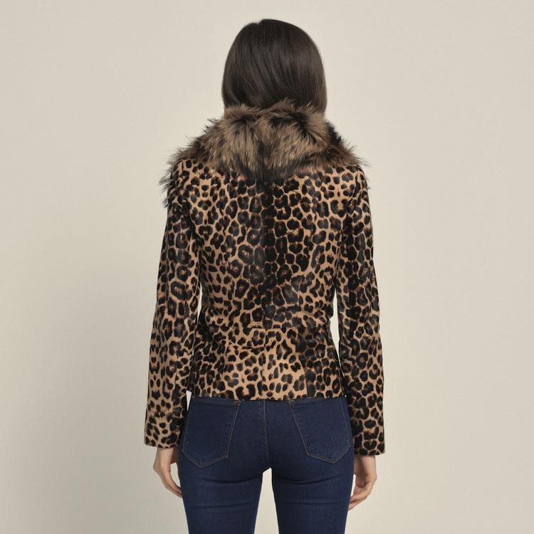 Rouge Kürklü Leopar Desenli Kadın Deri Mont